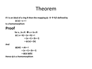 Theorem
If I is an ideal of a ring R then the mapping ɸ : R  R/I defined by
ɸ (a) = a + I
Is a homomorphism
Proof
for a , b ϵ R  a + b ϵ R
ɸ ( a + b) = (a + b) + I
= (a + I) + (b + I)
= ɸ (a) + (b)
And
ɸ(ab) = ab + I
= (a + I) + (b + I)
= ɸ(a) ɸ(b)
Hence ɸ is a homomorphism
 