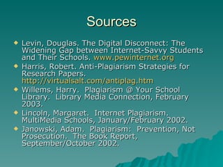 Sources Levin, Douglas. The Digital Disconnect: The Widening Gap between Internet-Savvy Students and Their Schools.  www.pewinternet.org Harris, Robert. Anti-Plagiarism Strategies for Research Papers.  http://virtualsalt.com/antiplag.htm Willems, Harry.  Plagiarism @ Your School Library.  Library Media Connection, February 2003. Lincoln, Margaret.  Internet Plagiarism.  MultiMedia Schools, January/February 2002. Janowski, Adam.  Plagiarism:  Prevention, Not Prosecution.  The Book Report, September/October 2002. 
