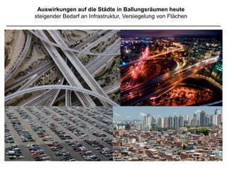Auswirkungen auf die Städte in Ballungsräumen heute
  Umweltbelastungen, Smog, Feinstaub, Abgase, Müll
 