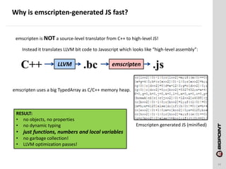 Why is emscripten-generated JS fast?
14
emscripten is NOT a source-level translator from C++ to high-level JS!
C++ LLVM
Instead it translates LLVM bit code to Javascript which looks like “high-level assembly”:
.bc .jsemscripten
emscripten uses a big TypedArray as C/C++ memory heap.
RESULT:
• no objects, no properties
• no dynamic typing
• just functions, numbers and local variables
• no garbage collection!
• LLVM optimization passes!
Emscripten generated JS (minified)
 