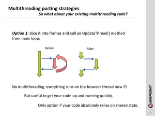 Multithreading porting strategies
25
So what about your existing multithreading code?
Option 1: slice it into frames and call an UpdateThread() method
from main loop:
Before After
No multithreading, everything runs on the browser thread now 
But useful to get your code up and running quickly.
Only option if your code absolutely relies on shared state.
 