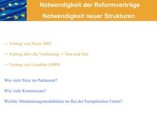 Notwendigkeit der Reformverträge
                    Notwendigkeit neuer Strukturen



-> Vertrag von Nizza 2003

-> Vertrag über die Verfassung -> Non und Nee

-> Vertrag von Lissabon (2009)


Wie viele Sitze im Parlament?

Wie viele Kommissare?

Welche Abstimmungsmodalitäten im Rat der Europäischen Union?
 