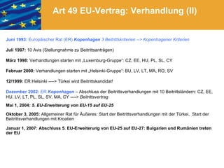Art 49 EU-Vertrag: Verhandlung (II)


Juni 1993: Europäischer Rat (ER) Kopenhagen 3 Beitrittskriterien --> Kopenhagener Kriterien

Juli 1997: 10 Avis (Stellungnahme zu Beitrittsanträgen)

März 1998: Verhandlungen starten mit „Luxemburg-Gruppe“: CZ, EE, HU, PL, SL, CY

Februar 2000: Verhandlungen starten mit „Helsinki-Gruppe“: BU, LV, LT, MA, RO, SV

12/1999: ER Helsinki ----> Türkei wird Beitrittskandidat!

Dezember 2002: ER Kopenhagen – Abschluss der Beitrittsverhandlungen mit 10 Beitrittsländern: CZ, EE,
HU, LV, LT, PL, SL, SV, MA, CY ----> Beitrittsvertrag
Mai 1, 2004: 5. EU-Erweiterung von EU-15 auf EU-25

Oktober 3, 2005: Allgemeiner Rat für Äußeres: Start der Beitrittsverhandlungen mit der Türkei, Start der
Beitrittsverhandlungen mit Kroatien

Januar 1, 2007: Abschluss 5. EU-Erweiterung von EU-25 auf EU-27: Bulgarien und Rumänien treten
der EU
 
