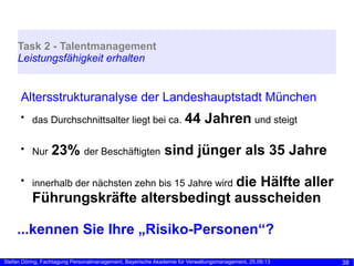 Task 2 - Talentmanagement
Leistungsfähigkeit erhalten

Altersstrukturanalyse der Landeshauptstadt München

44 Jahren und s...