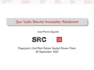 Fondamentaux Superstar Lux Inflation Intérêts Risques Conclusion
Quo Vadis Marché Immobilier Résidentiel
Jean-Pierre Zigrand
Paperjam’s 2nd Real Estate Seated Dinner Party
29 September 2022
 