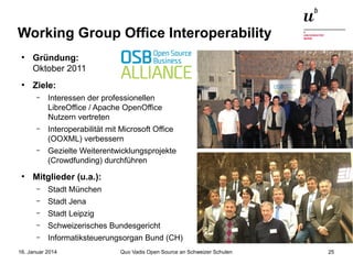Working Group Office Interoperability
●

●

Gründung:
Oktober 2011
Ziele:
–

–

Interoperabilität mit Microsoft Office
(OOXML) verbessern

–

●

Interessen der professionellen
LibreOffice / Apache OpenOffice
Nutzern vertreten

Gezielte Weiterentwicklungsprojekte
(Crowdfunding) durchführen

Mitglieder (u.a.):
–

Stadt München

–

Stadt Jena

–

Stadt Leipzig

–

Schweizerisches Bundesgericht

–

Informatiksteuerungsorgan Bund (CH)

16. Januar 2014

Quo Vadis Open Source an Schweizer Schulen

25

 