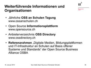 Weiterführende Informationen und
Organisationen
●

●

●

●

Jährliche OSS an Schulen Tagung
www.ossanschulen.ch
Open Source Informationsplattform
www.opensource.ch
Anbieterverzeichnis OSS Directory
www.ossdirectory.ch
Referenzrahmen „Digitale Medien, Bildungsplattformen
und IT-Infrastruktur an Schulen auf Basis offener
Systeme und Standards“ der Open Source Business
Alliance OSBA

16. Januar 2014

Quo Vadis Open Source an Schweizer Schulen

35

 