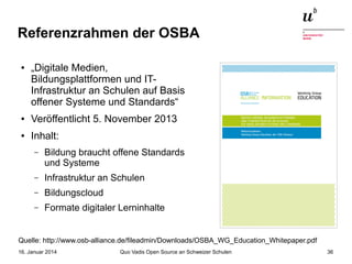 Referenzrahmen der OSBA
●

„Digitale Medien,
Bildungsplattformen und ITInfrastruktur an Schulen auf Basis
offener Systeme und Standards“

●

Veröffentlicht 5. November 2013

●

Inhalt:
–

Bildung braucht offene Standards
und Systeme

–

Infrastruktur an Schulen

–

Bildungscloud

–

Formate digitaler Lerninhalte

Quelle: http://www.osb-alliance.de/fileadmin/Downloads/OSBA_WG_Education_Whitepaper.pdf
16. Januar 2014

Quo Vadis Open Source an Schweizer Schulen

36

 