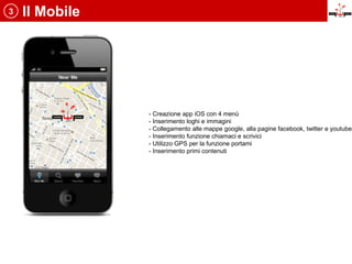 3   Il Mobile




                - Creazione app iOS con 4 menù
                - Inserimento loghi e immagini
                - Collegamento alle mappe google, alla pagine facebook, twitter e youtube
                - Inserimento funzione chiamaci e scrivici
                - Utilizzo GPS per la funzione portami
                - Inserimento primi contenuti
 