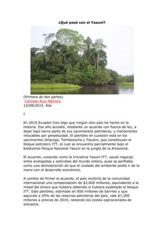 ¿Qué pasó con el Yasuní?
(Primera de dos partes)
Carmelo Ruiz Marrero
12/08/2015. Alai
I
En 2010 Ecuador hizo algo que ningún otro país ha hecho en la
historia. Ese año accedió, mediante un acuerdo con fuerza de ley, a
dejar bajo tierra parte de sus yacimientos petroleros, y mantenerlos
intocables por perpetuidad. El petróleo en cuestión está en los
yacimientos Ishpingo, Tambococha y Tiputini, que constituyen el
bloque petrolero ITT, el cual se encuentra parcialmente bajo el
biodiverso Parque Nacional Yasuní en la jungla de la Amazonía.
El acuerdo, conocido como la Iniciativa Yasuní ITT, causó regocijo
entre ecologistas y activistas del mundo entero, pues se perfilaba
como una demostración de que el cuidado del ambiente podía ir de la
mano con el desarrollo económico.
A cambio de firmar el acuerdo, el país recibiría de la comunidad
internacional una compensación de $3,600 millones, equivalente a la
mitad del dinero que hubiera obtenido si hubiera explotado el bloque
ITT. Este petróleo, estimado en 850 millones de barriles y que
equivale a 20% de las reservas petroleras del país, vale $7,200
millones a precios de 2010, restando los costos operacionales de
extraerlo.
 