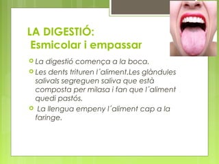 LA DIGESTIÓ:
Esmicolar i empassar
 La digestió comença a la boca.
 Les dents trituren l´aliment.Les glàndules
salivals segreguen saliva que està
composta per milasa i fan que l´aliment
quedi pastós.
 La llengua empeny l´aliment cap a la
faringe.
 