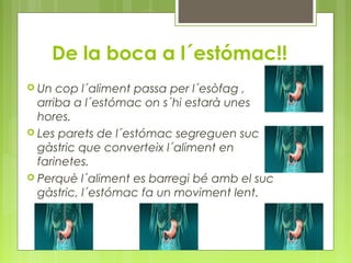 De la boca a l´estómac!!
 Un cop l´aliment passa per l´esòfag ,
arriba a l´estómac on s´hi estarà unes
hores.
 Les parets de l´estómac segreguen suc
gàstric que converteix l´aliment en
farinetes.
 Perquè l´aliment es barregi bé amb el suc
gàstric, l´estómac fa un moviment lent.
 