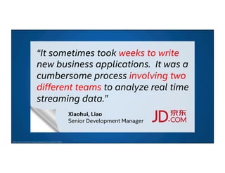 “It sometimes took weeks to write
new business applications. It was a
cumbersome process involving two
different teams to analyze real time
streaming data.”
Xiaohui, Liao
Senior Development Manager
Other names and brands may be claimed as the property of others
 