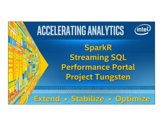 01101011010100101010101011100011010100110110010101010110001110010101
011010100110110010101010110001110010101001010100101010110010010001100
SparkR
Streaming SQL
Performance Portal
Project Tungsten
Other names and brands may be claimed as the property of others
ACCELERATINGANALYTICS	
Extend • Stabilize • Optimize
 