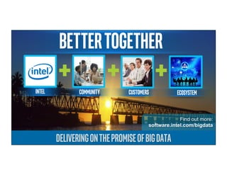 BETTERTOGETHER	
+	
 +	
+	
Find out more:
software.intel.com/bigdata
DELIVERINGONTHEPROMISEOFBIGDATA	
CUSTOMERS	
COMMUNITY	
 ECOSYSTEM	
INTEL	
 