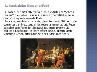 El sots títol o títol alternatiu d´aquest diàleg és “Sobre l´ànima”, i és sobre l´ànima i la seva immortalitat el tema central d´aquesta obra de Plató. Sòcrates, condemnat a morir, passa les seves últimes hores conversant amb els seus amics sobre la immortalitat. Fedó, deixeble com Plató de Sòcrates i testimoni presencial, explica a Equècrates, el llarg diàleg del seu mestre amb Símmies i Cebes, altres dels seus seguidors més fidels. 