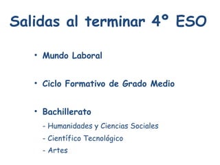 Mundo Laboral Ciclo Formativo de Grado Medio Bachillerato - Humanidades y Ciencias Sociales - Científico Tecnológico - Artes Salidas al terminar 4º ESO 