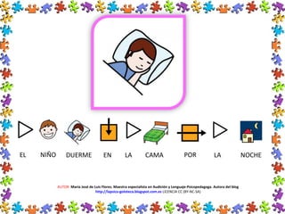 EL NIÑO DUERME EN LA CAMA POR LA NOCHE
AUTOR: María José de Luis Flores. Maestra especialista en Audición y Lenguaje-Psicopedagoga. Autora del blog
http://lapsico-goloteca.blogspot.com.es LICENCIA CC (BY-NC-SA)
 