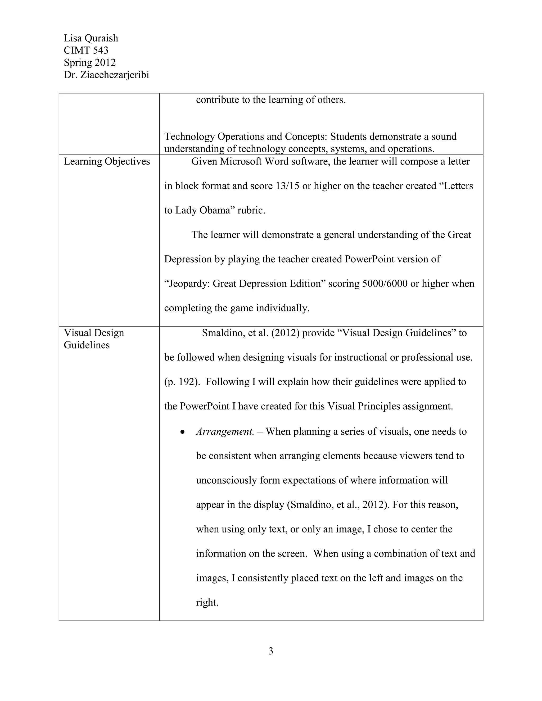 Lisa Quraish
CIMT 543
Spring 2012
Dr. Ziaeehezarjeribi

                              contribute to the learning of others.


                       Technology Operations and Concepts: Students demonstrate a sound
                       understanding of technology concepts, systems, and operations.
Learning Objectives          Given Microsoft Word software, the learner will compose a letter

                       in block format and score 13/15 or higher on the teacher created “Letters

                       to Lady Obama” rubric.

                             The learner will demonstrate a general understanding of the Great

                       Depression by playing the teacher created PowerPoint version of

                       “Jeopardy: Great Depression Edition” scoring 5000/6000 or higher when

                       completing the game individually.

Visual Design                  Smaldino, et al. (2012) provide “Visual Design Guidelines” to
Guidelines
                       be followed when designing visuals for instructional or professional use.

                       (p. 192). Following I will explain how their guidelines were applied to

                       the PowerPoint I have created for this Visual Principles assignment.

                              Arrangement. – When planning a series of visuals, one needs to

                              be consistent when arranging elements because viewers tend to

                              unconsciously form expectations of where information will

                              appear in the display (Smaldino, et al., 2012). For this reason,

                              when using only text, or only an image, I chose to center the

                              information on the screen. When using a combination of text and

                              images, I consistently placed text on the left and images on the

                              right.



                                                3
 