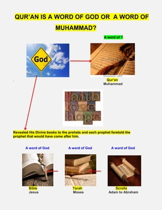 QUR’AN IS A WORD OF GOD OR A WORD OF
MUHAMMAD?
A word of ?
.
. Qur’an
Muhammad
Revealed His Divine books to the prohets and each prophet foretold the
prophet that would have come after him.
. A word of God A word of God A word of God
Bible Torah Scrolls
Jesus Moses Adam to Abraham
 