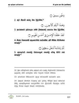 w,a-l=¾wdka w¾:l:kh                                           96 iQrdya w;a-;Ska ^w;a;lld&
                                                                                      s a




                                                        ∩⊄∪ t⎦⎫ÏΖÅ™ Í‘ θèÛ uρ
       2’ ;+¾ iSkdhs lkao u; osjrñka”02
                                q

                                          ∩⊂∪ Â⎥⎫ÏΒF{$# Ï$s#t7ø9$# #x‹≈yδ uρ
       3’ wdrlaIdj ,ndfok fuu ^ulaldya& k.rh u; osjqrñka”

                       ∩⊆∪ 5Ο ƒÈθø)s? Ç⎯|¡ômr& þ’Îû z⎯≈|¡ΣM}$# $uΖø)n=y{ ô‰s)s9
       4’ ksh; jYfhkau w,xldru;a yevhlsk”a wms ñksid ks¾udKh
       lf<uq’03

                                       ∩∈∪ t⎦,Î#Ï≈y™ Ÿ≅xó™r& çμ≈tΡ÷Š yŠu‘ ¢ΟèO
       5’ wk;=rej my;ajQ jkaf.kq;a my;ajQ fjl= njg m;a
       lf<uq’04




       02’ uQid kì;=udKka iu. w,a,dya l:d lf<ao t;=udKkag jla;DNdjh
       ,enqfKao fuu lkafoysh’ fuh jeo.;a jkafka tksidh’
       03’ wjhjhka ksishdldrj wod, ia:dkhkays yev.iajd we;’
       04’ w,a,dya fumuK jrm%ido ,nd ÿkako ñksiqka w;r iuyreka
       lsisÿ flf<ys.=Khla fkdolajñka mdm l%shdjkays kshef<k neúka
       TjQyq ksrfha my<u uy,g m;ajkakkah’



         WAMY - Sri Lanka
                                                                                   105
 