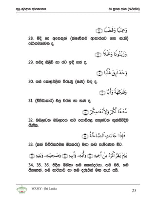 w,a-l=¾wdka w¾:l:kh                                                                   80 iQrdya wni ^/õfõh&




                                                                         ∩⊄∇∪ $Y7ôÒs%uρ $Y6uΖÏãuρ
       28’ ños yd wfkl=;a ^laIKslj wdydrhg .; yels&
       fndz.j.djka o”

                                                                         ∩⊄®∪ WξƒwΥuρ $ZΡθçG÷ƒy— uρ
                                                                                ø
       29’ ;jo T,Sõ yd rg b|S .ia o”

                                                                          ∩⊂⊃∪ $Y6ù=äñ t,Í←!# y‰tnuρ
       30’ .ia fld<j,ska msreKq ^>K& j;= o”

                                                                             ∩⊂⊇∪ $|/ r&uρ ZπyγÅ3≈sùuρ
       31’ ^úúOdldr& M, j¾. yd ;K o”

                                                            ∩⊂⊄∪ ö/ä3Ïϑ≈yè ÷ΡL{uρ ö/ä3©9 $Yè≈tG¨Β
       32’ Tn,dg;a Tn,df.a .j f.dúm< i;=kg;a N=l;úoSu
                                         a      a s
       msKsi”

                                                            ∩⊂⊂∪ èπ¨z!$¢Á9$# ÏNu™!%y` #sŒÎ*sù
       33’ ^lka ìysßlrjk ìhlre& uyd y~ meñfKk úg”

        ∩⊂∉∪ ÏμŠÏ⊥t/uρ ⎯ÏμÏFt7Ås≈|¹uρ ∩⊂∈∪ Ïμ‹Î/r&uρ ⎯ÏμÏiΒé&uρ ∩⊂⊆∪ Ïμ‹Åzr& ô⎯ÏΒ â™pRùQ$# ”Ïtƒ tΠöθtƒ
                                                                                    ö

       34” 35” 36’ tosk ñksid ;u ifydaorhd” ;u uj” ;u
       mshdKka” ;u Nd¾hdj yd ;u orejka uÕ yer hhs’



          WAMY - Sri Lanka
                                                                                                            25
 