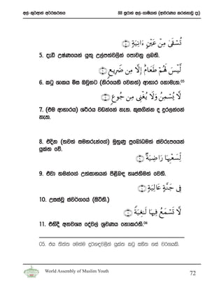 w,a-l=¾wdka w¾:l:kh                         88 iQrdya w,a-.dIshdya ^wdjrKh lrkakdjQ oE&




                                              ∩∈∪ 7πu‹ÏΡ#u™ A⎦÷⎫tã ô⎯ÏΒ 4’s+ó¡ è@
       5’ oeä WIaKfhka hq;= W,am;aj,ska fmdjkq ,n;s’

                                  ∩∉∪ 8ì ƒÎŸÑ ⎯ÏΒ ωÎ) îΠ$yèsÛ öΝçλ m; }§øŠ©9
       6’ lgq Ydlh ñi Tjqkg ^ksrfhys fjk;a& wdydr fkdue;’05

                                   ∩∠∪ 8íθã_ ⎯ÏΒ ©Í_øóãƒ Ÿωuρ ß⎯Ïϑó¡ç„ ω
       7’ ^tu wdydrh& Y¦rh jvkafka ke;’ l=i.skk o ÿr,kafka
                                              a
       ke;’


       8’ tosk ^;j;a iuyrekaf.a& uqyKq m%fndaOu;a iajrEmfhka
                                    q
       hql; fõ’
          a
                                                      ∩®∪ ×πu‹ÅÊ #u‘ $pκÈ ÷è|¡Ïj9

       9’ tajd ;ukaf.a W;aidyhka ms<n| ;Dma;u;a fj;s’
                                    s       s

                                                       ∩⊇⊃∪ 7πu‹Ï9%tæ >πΖy_ ’Îû
                                                                        ¨
       10’ WiiajQ iaj¾.fha ^isá;s’&

                                               ∩⊇⊇∪ Zπu‹Éó≈s9 $pκÏù ßìyϑó¡n@ ω
       11’ tysoS wkjYH foaj,a Y%jKh fkdlr;s’06


       05’ th ;s;a; fukau ÿ¾.|j,ska hqla; lgq iys; .ia j¾.hls’



         World Assembly of Muslim Youth
                                                                                     72
 