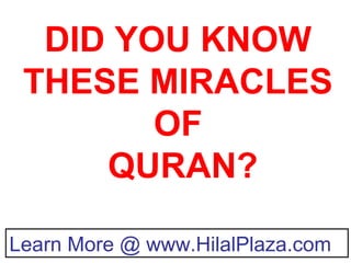 Learn More @ www.HilalPlaza.com
DID YOU KNOW
THESE MIRACLES
OF
QURAN?
 