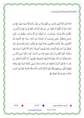  ‫א‬‫א‬‫א‬‫א‬


βÎ) ∩⊇⊆∇∪ $¸ϑŠÎ=tã $·è‹Ïÿxœ ª!$# tβ%x.uρ 4 zΟÎ=àß ⎯tΒ ωÎ) ÉΑöθs)ø9$# z⎯ÏΒ Ï™þθ¡9$$Î/ tôγyfø9$# ª!$# =Ïtä† ω *
š⎥⎪Ï%©!$# ¨βÎ) ∩⊇⊆®∪ #·ƒÏ‰s% #vθàtã tβ%x. ©!$# ¨βÎ*sù &™þθß™ ⎯tã (#θà÷ès? ÷ρr& çνθàøƒéB ÷ρr& #·öyz (#ρß‰ö6è?
ß⎯ÏΒ÷σΡ šχθä9θà)tƒuρ ⎯Ï&Î#ß™â‘uρ «!$# t⎦÷⎫t/ (#θè%Ìhxãƒ βr& šχρß‰ƒÌãƒuρ ⎯Ï&Î#ß™â‘uρ «!$$Î/ tβρãàõ3tƒ
ç
ãΝèδ y7Í×≈s9'ρé& ∩⊇∈⊃∪ ¸ξ‹Î6y™ y7Ï9≡sŒ t⎦÷⎫t/ (#ρä‹Ï‚−Gtƒ βr& tβρß‰ƒÌãƒuρ <Ù÷èt7Î/ ãàò6tΡuρ <Ù÷èt7Î/
óΟs9uρ ⎯Ï&Î#ß™â‘uρ «!$$Î/ (#θãΨtΒ#u™ t⎦⎪Ï%©!$#uρ ∩⊇∈⊇∪ $YΨŠÎγ•Β $/#x‹tã t⎦⎪ÌÏ≈s3ù=Ï9 $tΡô‰tFôãr&uρ 4 $y)ym tβρãÏ≈s3ø9$#
∩⊇∈⊄∪ $VϑŠÏm§‘ #Y‘θàxî ª!$# tβ%x.uρ 3 öΝèδu‘θã_é& öΝÎγ‹Ï?÷σçΡ t∃ôθy™ y7Í×≈s9'ρé& öΝåκ÷]ÏiΒ 7‰tnr& t⎦÷⎫t/ (#θè%Ìhxãƒ
⎯ÏΒ uy9ø.r& #©y›θãΒ (#θä9r'™ ‰s)sù 4 Ï™!$yϑ¡¡9$# z⎯ÏiΒ $Y7≈tFÏ. öΝÍκön=tã tΑÍi”t∴è? βr& É=≈tGÅ3ø9$# ã≅÷δr& šè=t↔ó¡o„
.⎯ÏΒ Ÿ≅ôfÏèø9$# (#ρä‹sƒªB$# ¢ΟèO 4 öΝÎγÏϑù=ÝàÎ/ èπs)Ïè≈¢Á9$# ÞΟßγø?x‹yzr'sù Zοtôγy_ ©!$# $tΡÍ‘r& (#þθä9$s)sù y7Ï9≡sŒ
$uΖ÷èsùu‘uρ ∩⊇∈⊂∪ $YΖÎ7•Β $YΖ≈sÜù=ß™ 4©y›θãΒ $oΨ÷s?#u™uρ 4 y7Ï9≡sŒ ⎯tã $tΡöθxyèsù àM≈oΨÉit6ø9$# ÞΟßγø?u™!%y` $tΒ Ï‰÷èt/
ÏMö6¡¡9$# ’Îû (#ρß‰÷ès? Ÿω öΝçλm; $oΨù=è%uρ #Y‰¯gà z>$t7ø9$# (#θè=äz÷Š$# ãΝßγs9 $oΨù=è%uρ öΝÎγÉ)≈sV‹ÏϑÎ/ u‘θ’Ü9$# ãΝßγs%öθsù
∩⊇∈⊆∪ $Zà‹Î=xî $¸)≈sW‹ÏiΒ Νåκ÷]ÏΒ $tΡõ‹s{r&uρ

‫اﻹﻣﺎﻟﺔ‬

‫اﻹدﻏﺎم‬
www.islamweb.net

‫اﻟﺤﺮف اﻟﻤﺨﺎﻟﻒ ﻟﺤﻔﺺ‬
‫ﺍﻟﺸﺒﻜﺔ ﺍﻹﺴﻼﻤﻴﺔ‬

 