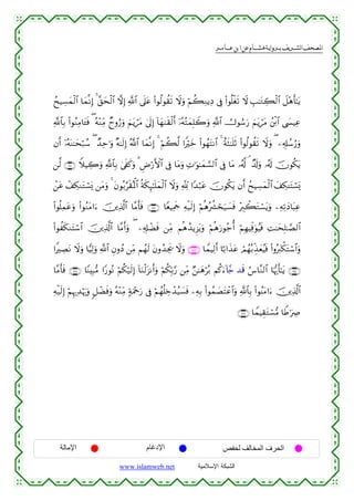  ‫א‬‫א‬‫א‬‫א‬


ßxŠÅ¡yϑø9$# $yϑ¯ΡÎ) 4 ¨,ysø9$# ωÎ) «!$# ’n?tã (#θä9θà)s? Ÿωuρ öΝà6ÏΖƒÏŠ ’Îû (#θè=øós? Ÿω É=≈tGÅ6ø9$# Ÿ≅÷δr'≈tƒ
«!$$Î/ (#θãΖÏΒ$t↔sù ( çµ÷ΖÏiΒ Óyρâ‘uρ zΝtƒótΒ 4’n<Î) $yγ9s)ø9r& ÿ…çµçFyϑÎ=Ÿ2uρ «!$# Ú^θÞ™u‘ zΝtƒótΒ ß⎦ø⌠$# ©|¤ŠÏã
!
βr& ÿ…µoΨ≈ysö7ß™ ( Ó‰Ïm≡uρ ×µ≈s9Î) ª!$# $yϑ¯ΡÎ) 4 öΝà6©9 #Zöyz (#θßγtFΡ$# 4 îπsW≈n=rO (#θä9θà)s? Ÿωuρ ( ⎯Ï&Î#ß™â‘uρ
ç
⎯©9 ∩⊇∠⊇∪ WξŠÅ2uρ «!$$Î/ 4’s∀x.uρ 3 ÇÚö‘F{$# ’Îû $tΒuρ ÏN≡uθ≈yϑ¡¡9$# ’Îû $tΒ …ã&©! ¢ Ó$s!uρ …ã&s! šχθä3tƒ
ô⎯tã ô#Å3ΖtGó¡o„ ⎯tΒuρ 4 tβθç/§s)çRùQ$# èπs3Í×≈n=yϑø9$# Ÿωuρ °! #Y‰7tã šχθä3tƒ βr& ßxŠÅ¡yϑø9$# y#Å3ΨtFó¡o„
ö
(#θè=Ïϑtãuρ (#θãΖtΒ#u™ š⎥⎪Ï%©!$# $¨Βr'sù ∩⊇∠⊄∪ $YèŠÏΗsd Ïµø‹s9Î) öΝèδçà³ósu‹|¡sù ÷É9ò6tGó¡tƒuρ ⎯ÏµÏ?yŠ$t6Ïã
(#θàs3ΖtFó™$# š⎥⎪Ï%©!$# $¨Βr&uρ ( ⎯Ï&Î#ôÒsù ⎯ÏiΒ Νèδß‰ƒÌ“tƒuρ öΝèδu‘θã_é& öΝÎγŠÏjùuθãŠsù ÏM≈ysÎ=≈¢Á9$#
#ZÅÁtΡ Ÿωuρ $wŠÏ9uρ «!$# ÈβρßŠ ⎯ÏiΒ Νßγs9 tβρß‰Ågs† Ÿωuρ ∩⊇∠⊂∪ $VϑŠÏ9r& $¹/#x‹tã óΟßγç/Éj‹yèãŠsù (#ρçy9õ3tFó™$#uρ
$¨Βr'sù ∩⊇∠∈∪ $YΨÎ6•Β #Y‘θçΡ öΝä3ö‹s9Î) !$uΖø9t“Ρr&uρ öΝä3În/§‘ ⎯ÏiΒ Ö⎯≈yδöç/ Νä.u™!%£g ‰s% â¨$¨Ζ9$# $pκš‰r'≈tƒ ∩⊇∠⊆∪
Ïµø‹s9Î) öΝÍκ‰Ï‰öκu‰uρ 9≅ôÒsùuρ çµ÷ΖÏiΒ 7πuΗ÷qu‘ ’Îû öΝßγè=Åzô‰ã‹|¡sù ⎯ÏµÎ/ (#θßϑ|ÁtFôã$#uρ «!$$Î/ (#θãΨtΒ#u™ š⎥⎪Ï%©!$#
∩⊇∠∉∪ $VϑŠÉ)tGó¡•Β $WÛ≡uÅÀ

‫اﻹﻣﺎﻟﺔ‬

‫اﻹدﻏﺎم‬
www.islamweb.net

‫اﻟﺤﺮف اﻟﻤﺨﺎﻟﻒ ﻟﺤﻔﺺ‬
‫ﺍﻟﺸﺒﻜﺔ ﺍﻹﺴﻼﻤﻴﺔ‬

 