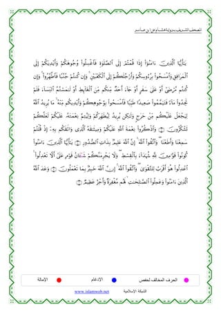  ‫א‬‫א‬‫א‬‫א‬


’n<Î) öΝä3tƒÏ‰÷ƒr&uρ öΝä3yδθã_ãρ (#θè=Å¡øî$$sù Íο4θn=¢Á9$# ’n<Î) óΟçFôϑè% #sŒÎ) (#þθãΨtΒ#u™ š⎥⎪Ï%©!$# $pκš‰r'≈tƒ
βÎ)uρ 4 (#ρã£γ©Û$$sù $Y6ãΖã_ öΝçGΖä. βÎ)uρ 4 È⎦÷⎫t6÷ès3ø9$# ’n<Î) öΝà6n=ã_ö‘r&uρ öΝä3Å™ρâ™ãÎ/ (#θßs|¡øΒ$#uρ È,Ïù#tyϑø9$#
öΝn=sù ™!$|¡ÏiΨ9$# ãΜçGó¡yϑ≈s9 ÷ρr& ÅÝÍ←!$tóø9$# z⎯ÏiΒ Νä3ΨÏiΒ Ó‰tnr& u™!%y` ÷ρr& @xy™ 4’n?tã ÷ρr& #©yÌó£∆ ΝçGΨä.
u
ª!$# ß‰ƒÌãƒ $tΒ 4 çµ÷ΨÏiΒ Νä3ƒÏ‰÷ƒr&uρ öΝà6Ïδθã_âθÎ/ (#θßs|¡øΒ$$sù $Y6ÍhŠsÛ #Y‰‹Ïè|¹ (#θßϑ£ϑu‹tFsù [™!$tΒ (#ρß‰ÅgrB
öΝà6¯=yès9 öΝä3ø‹n=tæ …çµtGyϑ÷èÏΡ §ΝÏGãŠÏ9uρ öΝä.tÎdγsÜãŠÏ9 ß‰ƒÌãƒ ⎯Å3≈s9uρ 8ltym ô⎯ÏiΒ Νà6ø‹n=tæ Ÿ≅yèôfuŠÏ9
öΝçGù=è% øŒÎ) ÿ⎯ÏµÎ/ Νä3s)rO#uρ “Ï%©!$# çµs)≈sV‹ÏΒuρ öΝä3ø‹n=tæ «!$# sπyϑ÷èÏΡ (#ρãà2øŒ$#uρ ∩∠∪ šχρãä3ô±n@
(#θãΨtΒ#u™ š⎥⎪Ï%©!$# $pκš‰r'≈tƒ ∩∇∪ Í‘ρß‰Á9$# ÏN#x‹Î/ 7ΟŠÎ=tæ ©!$# ¨βÎ) 4 ©!$# (#θà)¨?$#uρ ( $oΨ÷èsÛr&uρ $oΨ÷èÏϑy™
4 (#θä9Ï‰÷ès? ωr& #’n?tã BΘöθs% ãβ$t↔÷Ψx© öΝà6¨ΖtΒÌôftƒ Ÿωuρ ( ÅÝó¡É)ø9$$Î/ u™!#y‰pκà− ¬! š⎥⎫ÏΒ≡§θs% (#θçΡθä.
ª!$# y‰tãuρ ∩®∪ šχθè=yϑ÷ès? $yϑÎ/ 7Î6yz ©!$# χÎ) 4 ©!$# (#θà)¨?$#uρ ( 3“uθø)−G=Ï9 Ü>tø%r& uθèδ (#θä9Ï‰ôã$#
∩⊇⊃∪ ÒΟŠÏàtã íô_r&uρ ×οtÏøó¨Β Μçλm;   ÏM≈ysÎ=≈¢Á9$# (#θè=Ïϑtãuρ (#θãΨtΒ#u™ t⎦⎪Ï%©!$#

‫اﻹﻣﺎﻟﺔ‬

‫اﻹدﻏﺎم‬
www.islamweb.net

‫اﻟﺤﺮف اﻟﻤﺨﺎﻟﻒ ﻟﺤﻔﺺ‬
‫ﺍﻟﺸﺒﻜﺔ ﺍﻹﺴﻼﻤﻴﺔ‬

 