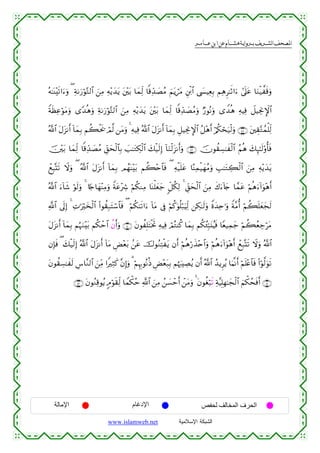  ‫א‬‫א‬‫א‬‫א‬


çµ≈oΨ÷s?#u™uρ ( Ïπ1u‘öθ−G9$# z⎯ÏΒ Ïµ÷ƒy‰tƒ t⎦÷⎫t/ $yϑÏj9 $]%Ïd‰|ÁãΒ zΝtƒótΒ È⎦ø⌠$# ©|¤ŠÏèÎ/ ΝÏδÌ≈rO#u™ #’n?tã $uΖø‹¤s%uρ
ZπsàÏãöθtΒuρ “Y‰èδuρ Ïπ1u‘öθ−G9$# z⎯ÏΒ Ïµ÷ƒy‰tƒ t⎦÷⎫t/ $yϑÏj9 $]%Ïd‰ÁãΒuρ Ö‘θçΡuρ “W‰èδ ÏµŠÏù Ÿ≅ŠÅgΥM}$#
|
ª!$# tΑt“Ρr& $yϑÎ/ Νà6øts† óΟ©9 ⎯tΒuρ 4 ÏµŠÏù ª!$# tΑt“Ρr& !$yϑÎ/ È≅ŠÅgΥM}$# ã≅÷δr& ö/ä3ósu‹ø9uρ ∩⊆∇∪ t⎦⎫É)−Gßϑù=Ïj9
!
š⎥÷⎫t/ $yϑÏj9 $]%Ïd‰|ÁãΒ Èd,ysø9$$Î/ |=≈tGÅ3ø9$# y7ø‹s9Î) !$uΖø9t“Ρr&uρ ∩⊆®∪ šχθà)Å¡≈xø9$# ãΝèδ y7Í×≈s9'ρé'sù
ôìÎ6®Ks? Ÿωuρ ( ª!$# tΑt“Ρr& !$yϑÎ/ ΟßγoΨ÷t/ Νà6÷n$$sù ( Ïµø‹n=tã $·ΨÏϑø‹yγãΒuρ É=≈tGÅ6ø9$# z⎯ÏΒ Ïµ÷ƒy‰tƒ
ª!$# u™!$x© öθs9uρ 4 %[`$yγ÷ΨÏΒuρ Zπtã÷Å° öΝä3ΖÏΒ $oΨù=yèy_ 9e≅ä3Ï9 4 Èd,ysø9$# z⎯ÏΒ x8u™!%y` $£ϑtã öΝèδu™!#uθ÷δr&
«!$# ’n<Î) 4 ÏN≡uöy‚ø9$# (#θà)Î7tFó™$$sù ( öΝä38s?#u™ !$tΒ ’Îû öΝä.uθè=ö7uŠÏj9 ⎯Å3≈s9uρ Zοy‰Ïn≡uρ Zπ¨Βé& öΝà6n=yèyfs9
tΑt“Ρr& !$yϑÎ/ ΝæηuΖ÷t/ Νä3ôm$# àβr&uρ ∩∈⊃∪ tβθàÎ=tFøƒrB ÏµŠÏù óΟçGΨä. $yϑÎ/ Νä3ã∞Îm6t⊥ãŠsù $Yè‹Ïϑy_ öΝà6ãèÅ_ötΒ
βÎ*sù ( y7ø‹s9Î) ª!$# tΑt“Ρr& !$tΒ ÇÙ÷èt/ .⎯tã š‚θãΖÏFøtƒ βr& öΝèδö‘x‹÷n$#uρ öΝèδu™!#uθ÷δr& ôìÎ7®Ks? Ÿωuρ ª!$#
tβθà)Å¡≈xs9 Ä¨$¨Ζ9$# z⎯ÏiΒ #ZÏWx. ¨βÎ)uρ 3 öΝÍκÍ5θçΡèŒ ÇÙ÷èt7Î/ Νåκz:ÅÁãƒ βr& ª!$# ß‰ƒÌãƒ $uΚ¯Ρr& öΝn=÷æ$$sù (#öθ©9uθs?
∩∈⊄∪ tβθãΖÏ%θãƒ 5Θöθs)Ïj9 $Vϑõ3ãm «!$# z⎯ÏΒ ß⎯|¡ômr& ô⎯tΒuρ 4 tβθäóö7s? Ïπ¨ŠÎ=Îγ≈yfø9$# zΝõ3ßssùr& ∩∈⊇∪

‫اﻹﻣﺎﻟﺔ‬

‫اﻹدﻏﺎم‬
www.islamweb.net

‫اﻟﺤﺮف اﻟﻤﺨﺎﻟﻒ ﻟﺤﻔﺺ‬
‫ﺍﻟﺸﺒﻜﺔ ﺍﻹﺴﻼﻤﻴﺔ‬

 