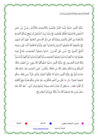  ‫א‬‫א‬‫א‬‫א‬


È≅yϑtã ô⎯ÏiΒ Ó§ô_Í‘ ãΝ≈s9ø—F{$#uρ Ü>$|ÁΡF{$#uρ çÅ£øŠyϑø9$#uρ ãôϑsƒø:$# $yϑ¯ΡÎ) (#þθãΨtΒ#u™ t⎦⎪Ï%©!$# $pκš‰r'≈tƒ
nοuρ≡y‰yèø9$# ãΝä3uΖ÷t/ yìÏ%θãƒ βr& ß⎯≈sÜø‹¤±9$# ß‰ƒÌãƒ $yϑ¯ΡÎ) ∩®⊄∪ tβθßsÎ=øè? öΝä3ª=yès9 çνθç7Ï⊥tGô_$$sù Ç⎯≈sÜø‹¤±9$#
tβθåκtJΖ•Β Λä⎢Ρr& ö≅yγsù ( Íο4θn=¢Á9$# Ç⎯tãuρ «!$# Ìø.ÏŒ ⎯tã öΝä.£‰ÝÁtƒuρ ÎÅ£÷yϑø9$#uρ Ì÷Κsƒø:$# ’Îû u™!$ŸÒøót7ø9$#uρ
$uΖÏ9θß™u‘ 4’n?tã $yϑ¯Ρr& (#þθßϑn=÷æ$$sù öΝçGøŠ©9uθs? βÎ*sù 4 (#ρâ‘x‹÷n$#uρ tΑθß™§9$# (#θãè‹ÏÛr&uρ ©!$# (#θãè‹ÏÛr&uρ ∩®⊂∪
$yϑŠÏù Óy$uΖã_ ÏM≈ysÎ=≈¢Á9$# (#θè=Ïϑtãuρ (#θãΖtΒ#u™ š⎥⎪Ï%©!$# ’n?tã }§øŠs9 ∩®⊆∪ ß⎦⎫Î7ßϑø9$# à≈n=t7ø9$#
%(#θãΖ|¡ômr&¨ρ (#θs)¨?$# §ΝèO (#θãΖtΒ#u™¨ρ (#θs)¨?$# §ΝèO ÏM≈ysÎ=≈¢Á9$# (#θè=Ïϑtãuρ (#θãΖtΒ#u™¨ρ (#θs)¨?$# $tΒ #sŒÎ) (#þθßϑÏèsÛ
ÿ…ã&è!$oΨs? Ï‰øŠ¢Á9$# z⎯ÏiΒ &™ó©y´Î/ ª!$# ãΝä3¯Ρuθè=ö7uŠs9 (#θãΖtΒ#u™ t⎦⎪Ï%©!$# $pκš‰r'≈tƒ ∩®∈∪ t⎦⎫ÏΨÅ¡ósçRùQ$# =Ïtä† ª!$#uρ
…ã&s#sù y7Ï9≡sŒ y‰÷èt/ 3“y‰tGôã$# Ç⎯yϑsù 4 Í=ø‹tóø9$$Î/ …çµèù$sƒs† ⎯tΒ ª!$# zΟn=÷èu‹Ï9 öΝä3ãm$tΒÍ‘uρ öΝä3ƒÏ‰÷ƒr&
Νä3ΖÏΒ …ã&s#tFs% ⎯tΒuρ 4 ×Πããm öΝçFΡr&uρ y‰øŠ¢Á9$# (#θè=çGø)s? Ÿω (#θãΨtΒ#u™ t⎦⎪Ï%©!$# $pκš‰r'≈tƒ ∩®∉∪ ×Λ⎧Ï9r& ë>#x‹tã
Ïπt7÷ès3ø9$# xÎ=≈t/ $Nƒô‰yδ Νä3ΨÏiΒ 5Αô‰tã #uρsŒ ⎯ÏµÎ/ ãΝä3øts† ÉΟyè¨Ζ9$# z⎯ÏΒ Ÿ≅tFs% $tΒ Ì≅÷WÅΒ Σ™!#t“yfsù #Y‰ÏdϑyètG•Β
ö
$£ϑtã ª!$# $xtã 3 ⎯ÍνÍö∆r& tΑ$t/uρ s−ρä‹u‹Ïj9 $YΒ$u‹Ï¹ y7Ï9≡sŒ ãΑô‰tã ÷ρr& t⎦⎫Å3≈|¡tΒ ÉΘ$yèsÛ äοt≈¤x. ÷ρr&
∩®∠∪ BΘ$s)ÏGΡ$# ρèŒ Ö“ƒÍ•tã ª!$#uρ 3 çµ÷ΖÏΒ ª!$# ãΝÉ)tFΖuŠsù yŠ$tã ô⎯tΒuρ 4 y#n=y™

‫اﻹﻣﺎﻟﺔ‬

‫اﻹدﻏﺎم‬
www.islamweb.net

‫اﻟﺤﺮف اﻟﻤﺨﺎﻟﻒ ﻟﺤﻔﺺ‬
‫ﺍﻟﺸﺒﻜﺔ ﺍﻹﺴﻼﻤﻴﺔ‬

 