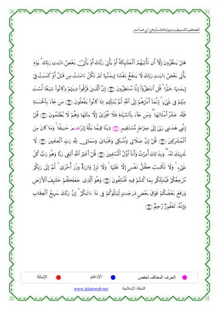  ‫א‬‫א‬‫א‬‫א‬


tΠöθtƒ 3 y7În/u‘ ÏM≈tƒ#u™ âÙ÷èt/ š†ÎAù'tƒ ÷ρr& y7•/u‘ u’ÎAù'tƒ ÷ρr& èπs3Í×≈n=yϑø9$# ÞΟßγu‹Ï?ù's? βr& HωÎ) tβρãÝàΖtƒ ö≅yδ
þ’Îû ôMt6|¡x. ÷ρr& ã≅ö6s% ⎯ÏΒ ôMuΖtΒ#u™ ô⎯ä3s? óΟs9 $pκß]≈yϑƒÎ) $²¡øtΡ ßìxΖtƒ Ÿω y7În/u‘ ÏM≈tƒ#u™ âÙ÷èt/ ’ÎAù'tƒ
|Mó¡©9 $Yèu‹Ï© (#θçΡ%x.uρ öΝåκs]ƒÏŠ (#θè%§sù t⎦⎪Ï%©!$# ¨βÎ) ∩⊇∈∇∪ tβρãÏàtFΨãΒ $¯ΡÎ) (#ÿρãÏàtGΡ$# È≅è% 3 #Zöyz $pκÈ]≈yϑƒÎ)
ÏπuΖ|¡ptø:$$Î/ u™!%y` ⎯tΒ ∩⊇∈®∪ tβθè=yèøtƒ (#θçΡ%x. $oÿÏ3 Νåκã♦Îm6t⊥ãƒ §ΝèO «!$# ’n<Î) öΝèδáøΒr& !$yϑ¯ΡÎ) 4 >™ó©x« ’Îû öΝåκ÷]ÏΒ
ö≅è% ∩⊇∉⊃∪ tβθßϑn=ôàãƒ Ÿω öΝèδuρ $yγn=÷WÏΒ ωÎ) #“t“øgä† Ÿξsù Ïπy∞ÍhŠ¡¡9$$Î/ u™!%y` ⎯tΒuρ ( $yγÏ9$sWøΒr& ç³tã …ã&s#sù
ô
z⎯ÏΒ tβ%x. $tΒuρ 4 $ZŠÏΖym tΟ8⊗yδ≡tö/Î) s'©#ÏiΒ $VϑuŠÏ% $YΨƒÏŠ ∩⊇∉⊇∪ 5ΟŠÉ)tGó¡•Β :Þ≡uÅÀ 4’n<Î) þ’În1u‘ ©Í_1y‰yδ ©Í_¯ΡÎ)
Ÿω ∩⊇∉⊂∪ t⎦⎫ÏΗs>≈yèø9$# Éb>u‘ ¬! †ÎA$yϑtΒuρ y“$u‹øtxΧuρ ’Å5Ý¡èΣuρ ’ÎAŸξ|¹ ¨βÎ) ö≅è% ∩⊇∉⊄∪ t⎦⎫Ï.Îô³ßϑø9$#
Èe≅ä. >u‘ uθèδuρ $|/u‘ ©Èöö/r& «!$# uöxîr& ö≅è% ∩⊇∉⊆∪ t⎦⎫ÏΗÍ>ó¡çRùQ$# ãΑ¨ρr& O$tΡr&uρ ßNöÏΒé& y7Ï9≡x‹Î/uρ ( …çµs9 y7ƒÎŸ°
/ä3În/u‘ 4’n<Î) §ΝèO 4 3“t÷zé& u‘ø—Íρ ×οu‘Î—#uρ â‘Ì“s? Ÿωuρ 4 $pκön=tæ ωÎ) C§øtΡ ‘≅à2 Ü=Å¡õ3s? Ÿωuρ 4 &™ó©x«
Úö‘F{$# y#Í×≈n=yz öΝà6n=yèy_ “Ï%©!$# uθèδuρ ∩⊇∉∈∪ tβθàÎ=tGøƒrB ÏµŠÏù öΝçFΖä. $yϑÎ/ /ä3ã∞Îm7t⊥ã‹sù ö/ä3ãèÅ_ó£∆
Ç
É>$s)Ïèø9$# ßìƒÎ|  y7−/u‘ ¨βÎ) 3 ö/ä38s?#u™ !$tΒ ’Îû öΝä.uθè=ö7uŠÏj9 ;M≈y_u‘yŠ <Ù÷èt/ s−öθsù öΝä3ŸÒ÷èt/ yìsùu‘uρ
∩⊇∉∉∪ 7Λ⎧Ïm§‘ Ö‘θàtós9 …çµ¯ΡÎ)uρ

‫اﻹﻣﺎﻟﺔ‬

‫اﻹدﻏﺎم‬
www.islamweb.net

‫اﻟﺤﺮف اﻟﻤﺨﺎﻟﻒ ﻟﺤﻔﺺ‬
‫ﺍﻟﺸﺒﻜﺔ ﺍﻹﺴﻼﻤﻴﺔ‬

 