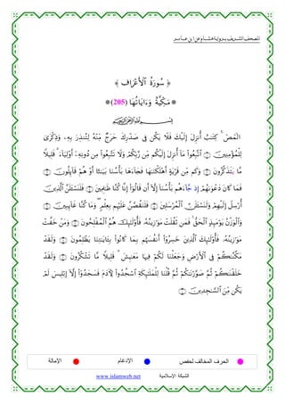  ‫א‬‫א‬‫א‬‫א‬



≈ ∃#z÷äF{$# äοu‘θß™ …
(205) $tγè?$tƒ#u™uρ îπ©ŠeÅ3⊗uuΒ
ijk
3“tø.ÏŒuρ ⎯ÏµÎ/ u‘É‹ΖçFÏ9 çµ÷ΖÏiΒ Óltym x8Í‘ô‰|¹ ’Îû ⎯ä3tƒ Ÿξsù y7ø‹s9Î) tΑÌ“Ρé& ë=≈tGÏ. 4 üÈüϑ!9#
Wξ‹Î=s% 3 u™!$u‹Ï9÷ρr& ÿ⎯ÏµÏΡρßŠ ⎯ÏΒ (#θãèÎ7−Fs? Ÿωuρ óΟä3În/§‘ ⎯ÏiΒ Νä3øŠs9Î) tΑÌ“Ρé& !$tΒ (#θãèÎ7®?$# ∩⊇∪ š⎥⎫ÏΨÏΒ÷σßϑù=Ï9
∩⊂∪ šχθè=Í←!$s% öΝèδ ÷ρr& $¹G≈u‹t/ $uΖß™ù't/ $yδu™!$y∨sù $yγ≈uΖõ3n=÷δr& >πtƒös% ⎯ÏiΒ Νx.uρ ∩⊄∪ tβρã©.x‹sFtƒ $¨Β
š⎥⎪Ï%©!$# £⎯n=t↔ó¡oΨn=sù ∩⊆∪ t⎦⎫ÏΗÍ>≈sß $¨Ζä. $¯ΡÎ) (#þθä9$s% βr& HωÎ) !$uΖß™ù't/ Νèδu™!%£_ ŒÎ) óΟßγ1uθôãyŠ tβ%x. $yϑsù
∩∉∪ š⎥⎫Î7Í←!$xî $¨Ζä. $tΒuρ ( 5Οù=ÏèÎ/ ΝÍκön=tã £⎯¢Áà)uΖn=sù ∩∈∪ t⎦⎫Î=y™ößϑø9$#  ∅n=t↔ó¡Ψs9uρ óΟÎγø‹s9Î) Ÿ≅Å™ö‘é&
o
ôM¤yz ô⎯tΒuρ ∩∠∪ tβθßsÎ=øßϑø9$# ãΝèδ šÍ×≈s9'ρé'sù …çµãΖƒÎ—≡uθtΒ ôMn=à)rO ⎯yϑsù 4 ‘,ysø9$# >‹Í×tΒöθtƒ ãβø—uθø9$#uρ
ô‰s)s9uρ ∩∇∪ tβθßϑÎ=ôàtƒ $uΖÏG≈tƒ$t↔Î/ (#θçΡ%x. $yϑÎ/ Νåκ|¦àΡr& (#ÿρãÅ¡yz t⎦⎪Ï%©!$# y7Í×≈s9'ρé'sù …çµãΨƒÎ—≡uθtΒ
ô‰s)s9uρ ∩®∪ tβρãä3ô±s? $¨Β Wξ‹Î=s% 3 |·ÍŠ≈yètΒ $pκÏù öΝä3s9 $uΖù=yèy_uρ ÇÚö‘F{$# ’Îû öΝà6≈¨Ζ©3tΒ
óΟs9 }§ŠÎ=ö/Î) HωÎ) (#ÿρß‰yf|¡sù tΠyŠKψ (#ρß‰àfó™$# Ïπs3Í×≈n=yϑù=Ï9 $uΖù=è% §ΝèO öΝä3≈tΡö‘§θ|¹ §ΝèO öΝà6≈oΨø)n=yz
∩⊇⊃∪ š⎥⎪Ï‰Éf≈¡¡9$# z⎯ÏiΒ ⎯ä3tƒ

‫اﻹﻣﺎﻟﺔ‬

‫اﻹدﻏﺎم‬
www.islamweb.net

‫اﻟﺤﺮف اﻟﻤﺨﺎﻟﻒ ﻟﺤﻔﺺ‬
‫ﺍﻟﺸﺒﻜﺔ ﺍﻹﺴﻼﻤﻴﺔ‬

 