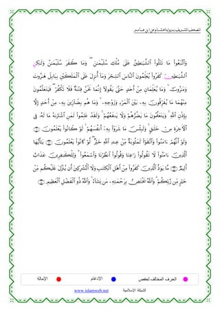  ‫א‬‫א‬‫א‬‫א‬


Ç⎯Å3≈s9uρ ß⎯≈yϑø‹n=ß™ txŸ2 $tΒuρ ( z⎯≈yϑø‹n=ß™ Å7ù=ãΒ 4’n?tã ß⎦⎫ÏÜ≈u‹¤±9$# (#θè=÷Gs? $tΒ (#θãèt7¨?$#uρ
|Nρã≈yδ Ÿ≅Î/$t6Î/ È⎦÷⎫x6n=yϑø9$# ’n?tã tΑÌ“Ρé& !$tΒuρ tósÅb¡9$# }¨$¨Ψ9$# tβθßϑÏk=yèãƒ (#ρãxx. Þ⎥⎫ÏÜ≈u‹¤±9$#
tβθßϑ¯=yètGuŠsù ( öàõ3s? Ÿξsù ×πoΨ÷GÏù ß⎯øtwΥ $yϑ¯ΡÎ) Iωθà)tƒ 4©®Lym >‰tnr& ô⎯ÏΒ Èβ$yϑÏk=yèãƒ $tΒuρ 4 šVρã≈tΒuρ
ωÎ) >‰ymr& ô⎯ÏΒ ⎯ÏµÎ/ t⎦⎪Íh‘!$ŸÒÎ/ Νèδ $tΒuρ 4 ⎯ÏµÅ_÷ρy—uρ Ï™öyϑø9$# t⎦÷⎫t/ ⎯ÏµÎ/ šχθè%Ìhxãƒ $tΒ $yϑßγ÷ΨÏΒ
’Îû …çµs9 $tΒ çµ1utIô©$# Ç⎯yϑs9 (#θßϑÎ=tã ô‰s)s9uρ 4 öΝßγãèxΖtƒ Ÿωuρ öΝèδ”àÒtƒ $tΒ tβθçΗ©>yètGtƒuρ 4 «!$# ÈβøŒÎ*Î/
∩⊇⊃⊇∪ šχθßϑn=ôètƒ (#θçΡ$Ÿ2 öθs9 4 öΝßγ|¡àΡr& ÿ⎯ÏµÎ/ (#÷ρtx© $tΒ š[ø♥Î6s9uρ 4 9,≈n=yz ï∅ÏΒ ÍοtÅzFψ$#
$yγ•ƒr'≈tƒ ∩⊇⊃⊄∪ šχθßϑn=ôètƒ (#θçΡ%x. öθ©9 ( ×öyz «!$# Ï‰ΨÏã ô⎯ÏiΒ ×πt/θèVyϑs9 (#öθs)¨?$#uρ (#θãΖtΒ#u™ óΟßγ¯Ρr& öθs9uρ
ë>#x‹tã š⎥⎪ÌÏ≈x6ù=Ï9uρ 3 (#θãèyϑó™$#uρ $tΡöÝàΡ$# (#θä9θè%uρ $uΖÏã≡u‘ (#θä9θà)s? Ÿω (#θãΨtΒ#u™ š⎥⎪Ï%©!$#
ô⎯ÏiΒ Νà6ø‹n=tæ tΑ¨”t∴ãƒ βr& t⎦⎫Ï.Îô³çRùQ$# Ÿωuρ É=≈tGÅ3ø9$# È≅÷δr& ô⎯ÏΒ (#ρãxx. š⎥⎪Ï%©!$# –Šuθtƒ $¨Β ∩⊇⊃⊂∪ ÒΟŠÏ9r&
∩⊇⊃⊆∪ ÉΟŠÏàyèø9$# È≅ôÒxø9$# ρèŒ ª!$#uρ 4 â™!$t±o„ ⎯tΒ ⎯ÏµÏGyϑômtÎ/ ⇒tGøƒs† ª!$#uρ 3 öΝà6În/§‘ ⎯ÏiΒ 9öyz

‫اﻹﻣﺎﻟﺔ‬

‫اﻹدﻏﺎم‬
www.islamweb.net

‫اﻟﺤﺮف اﻟﻤﺨﺎﻟﻒ ﻟﺤﻔﺺ‬
‫ﺍﻟﺸﺒﻜﺔ ﺍﻹﺴﻼﻤﻴﺔ‬

 