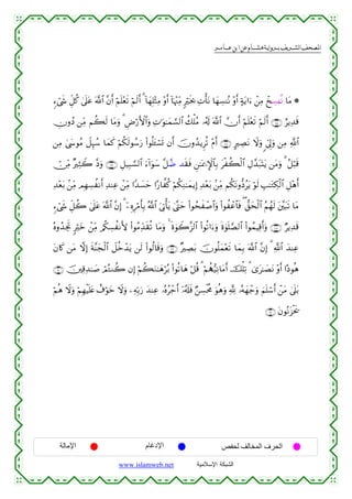  ‫א‬‫א‬‫א‬‫א‬


&™ó©x« Èe≅ä. 4’n?tã ©!$# ¨βr& öΝn=÷ès? öΝs9r& 3 !$yγÎ=÷WÏΒ ÷ρr& !$pκ÷]ÏiΒ 9ösƒ¿2 ÏNù'tΡ $yγÅ¡ΨçΡ ÷ρr& >πtƒ#u™ ô⎯ÏΒ ô‡Å¡ΨèΡ $tΒ *
ÂχρßŠ ⎯ÏiΒ Νà6s9 $tΒuρ 3 ÇÚö‘F{$#uρ ÏN≡uθ≈yϑ¡¡9$# à7ù=ãΒ …ã&s! ©!$# χr& öΝn=÷ès? öΝs9r& ∩⊇⊃∈∪ íƒÏ‰s%
⎯ÏΒ 4©y›θãΒ Ÿ≅Í×ß™ $yϑx. öΝä3s9θß™u‘ (#θè=t↔ó¡n@ βr& šχρß‰ƒÌè? ÷Πr& ∩⊇⊃∉∪ AÅÁtΡ Ÿωuρ <c’Í<uρ ⎯ÏΒ «!$#
ï∅ÏiΒ ×ÏVŸ2 ¨Šuρ ∩⊇⊃∠∪ È≅‹Î6¡¡9$# u™!#uθy™ ¨≅£Ê ‰s)sù Ç⎯≈oÿ‡M}$$Î/ tøà6ø9$# ÉΑ£‰t7oKtƒ ⎯tΒuρ 3 ã≅ö6s%
Ï‰÷èt/ .⎯ÏiΒ ΟÎγÅ¡àΡr& Ï‰ΨÏã ô⎯ÏiΒ #Y‰|¡ym #·‘$¤ä. öΝä3Ζ≈yϑƒÎ) Ï‰÷èt/ .⎯ÏiΒ Νä3tΡρ–Šãtƒ öθs9 É=≈tGÅ3ø9$# È≅÷δr&
Ï
&™ó©x« Èe≅à2 4’n?ã ©!$# ¨βÎ) 3 ÿ⎯ÍνÍö∆r'Î/ ª!$# u’ÎAù'tƒ 4©®Lym (#θßsxô¹$#uρ (#θàôã$$sù ( ‘,ysø9$# ãΝßγs9 t⎦¨⎫t6s? $tΒ
t
çνρß‰ÅgrB 9öyz ô⎯ÏiΒ /ä3Å¡àΡL{ (#θãΒÏd‰s)è? $tΒuρ 4 nο4θŸ2¨“9$# (#θè?#u™uρ nο4θn=¢Á9$# (#θßϑŠÏ%r&uρ ∩⊇⊃∇∪ ÖƒÏ‰s%
tβ%x. ⎯tΒ ωÎ) sπ¨Ψyfø9$# Ÿ≅äzô‰tƒ ⎯s9 (#θä9$s%uρ ∩⊇⊃®∪ ×ÅÁt/ χθè=yϑ÷ès? $yϑÎ/ ©!$# ¨βÎ) 3 «!$# y‰ΨÏã
š
∩⊇⊇⊃∪ š⎥⎫Ï%Ï‰≈|¹ óΟçGΖà2 βÎ) öΝà6uΖ≈yδöç/ (#θè?$yδ ö≅è% 3 öΝà‰•‹ÏΡ$tΒr& šù=Ï? 3 3“t≈|ÁtΡ ÷ρr& #·Šθèδ
öΝèδ Ÿωuρ öΝÎγøŠn=tæ ì∃öθyz Ÿωuρ ⎯ÏµÎn/u‘ y‰ΨÏã …çνãô_r& ÿ…ã&s#sù Ö⎯Å¡øtèΧ uθèδuρ ¬! …çµyγô_uρ zΝn=ó™r& ô⎯tΒ 4’n?t/
∩⊇⊇ ∪ tβθçΡt“øts†

‫اﻹﻣﺎﻟﺔ‬

‫اﻹدﻏﺎم‬
www.islamweb.net

‫اﻟﺤﺮف اﻟﻤﺨﺎﻟﻒ ﻟﺤﻔﺺ‬
‫ﺍﻟﺸﺒﻜﺔ ﺍﻹﺴﻼﻤﻴﺔ‬

 