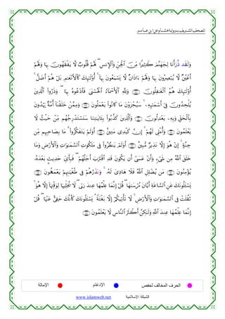  ‫א‬‫א‬‫א‬‫א‬


öΝçλm;uρ $pκÍ5 šχθßγs)øtƒ ω Ò>θè=è% öΝçλm; ( Ä§ΡM}$#uρ Çd⎯Ågø:$# š∅ÏiΒ #ZÏWŸ2 zΟ¨ΨyγyfÏ9 $tΡù&u‘©Œ ‰s)s9uρ
4 ‘≅|Êr& öΝèδ ö≅t/ ÉΟ≈yè÷ΡF{$%x. y7Í×≈s9'ρé& 4 !$pκÍ5 tβθãèuΚó¡o„ ω ×β#sŒ#u™ öΝçλm;uρ $pκÍ5 tβρçÅÇö7ãƒ ω ×⎦ã⎫ôãr&
t⎦⎪Ï%©!$# (#ρâ‘sŒuρ ( $pκÍ5 çνθãã÷Š$$sù 4©o_ó¡çtø:$# â™!$oÿôœF{$# ¬!uρ ∩⊇∠∇∪ šχθè=Ï≈tóø9$# ãΝèδ y7Í×≈s9'ρé&
tβρß‰öκu‰ ×π¨Βé& !$oΨø)n=yz ô⎯£ϑÏΒuρ ∩⊇∠®∪ tβθè=yϑ÷ètƒ (#θçΡ%x. $tΒ tβ÷ρt“ôfã‹y™ 4 ⎯ÏµÍ×≈yϑó™r& þ’Îû šχρß‰Åsù=ãƒ
Ÿω ß]ø‹ym ô⎯ÏiΒ Νßγã_Í‘ô‰tGó¡t⊥y™ $uΖÏG≈tƒ$t↔Î/ (#θç/¤‹x. t⎦⎪Ï%©!$#uρ ∩⊇∇⊃∪ šχθä9Ï‰÷ètƒ ⎯ÏµÎ/uρ Èd,ysø9$$Î/
⎯ÏiΒ ΝÍκÈ:Ïm$|ÁÎ/ $tΒ 3 (#ρã©3xtGtƒ öΝs9uρr& ∩⊇∇⊄∪ î⎦⎫ÏGtΒ “Ï‰ø‹x. χÎ) 4 öΝßγs9 ’Í?øΒé&uρ ∩⊇∇⊇∪ tβθßϑn=ôètƒ
$tΒuρ ÇÚö‘F{$#uρ ÏN≡uθ≈yϑ¡¡9$# ÏNθä3n=tΒ ’Îû (#ρãÝàΖtƒ óΟs9uρr& ∩⊇∇⊂∪ î⎦⎫Î7•Β ÖƒÉ‹tΡ ωÎ) uθèδ ÷βÎ) 4 >π¨ΖÅ_
…çνy‰÷èt/ ¤]ƒÏ‰tn Äd“r'Î7sù ( öΝßγè=y_r& z>utIø%$# Ï‰s% tβθä3tƒ βr& #©|¤tã ÷βr&uρ &™ó©x« ⎯ÏΒ ª!$# t,n=y{
∩⊇∇∈∪ tβθà‰yϑ÷ètƒ öΝÍκÈ]≈uŠøóèÛ ’Îû öΝèδâ‘x‹qΡuρ 4 …çµs9 y“ÏŠ$yδ Ÿξsù ª!$# È≅Î=ôÒãƒ ⎯tΒ ∩⊇∇⊆∪ tβθãΖÏΒ÷σãƒ
4 uθèδ ωÎ) !$pκÉJø%uθÏ9 $pκÏk=pgä† Ÿω ( ’În1u‘ y‰ΖÏã $yγãΚù=Ïæ $yϑ¯ΡÎ) ö≅è% ( $yγ8y™óß∆ tβ$−ƒr& Ïπtã$¡¡9$# Ç⎯tã y7tΡθè=t↔ó¡o„
ö≅è% ( $pκ÷]tã ;’Å∀ym y7¯Ρr(x. y7tΡθè=t↔ó¡o„ 3 ZπtGøót/ ωÎ) ö/ä3‹Ï?ù's? Ÿω 4 ÇÚö‘F{$#uρ ÏN≡uθ≈yϑ¡¡9$# ’Îû ôMn=à)rO
∩⊇∇∉∪ tβθßϑn=ôètƒ Ÿω Ä¨$¨Ζ9$# usYò2r& £⎯Å3≈s9uρ «!$# y‰ΖÏã $yγßϑù=Ïæ $yϑ¯ΡÎ)

‫اﻹﻣﺎﻟﺔ‬

‫اﻹدﻏﺎم‬
www.islamweb.net

‫اﻟﺤﺮف اﻟﻤﺨﺎﻟﻒ ﻟﺤﻔﺺ‬
‫ﺍﻟﺸﺒﻜﺔ ﺍﻹﺴﻼﻤﻴﺔ‬

 