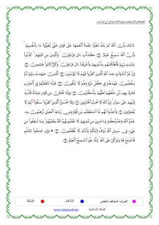  ‫א‬‫א‬‫א‬‫א‬


  öΝÍκÅ¦àΡr'Î/ $tΒ (#ρçÉitóãƒ 4©®Lym BΘöθs% 4’n?tã $yγyϑyè÷Ρr& ºπyϑ÷èÏoΡ #ZÉitóãΒ à7tƒ öΝs9 ©!$#  χr'Î/ y7Ï9≡sŒ
(#θç/¤‹x. 4 óΟÎγÏ=ö7s% ⎯ÏΒ t⎦⎪Ï%©!$#uρ   šχöθtãöÏù ÉΑ#u™ É>ù&y‰Ÿ2 ∩∈∈∪ ÒΟŠÎ=tæ ìì‹Ïϑy™ ©!$# χr&uρ
∩∈∉∪ š⎥⎫ÏϑÎ=≈sß (#θçΡ%x. @≅ä.uρ 4 šχöθtãöÏù tΑ#u™ !$oΨø%{øîr&uρ óΟÎγÎ/θçΡä‹Î/ Νßγ≈oΨõ3n=÷δr'sù öΝÍκÍh5u‘ ÏM≈tƒ$t↔Î/
§ΝèO öΝåκ÷]ÏΒ £N‰yγ≈tã š⎥⎪Ï%©!$# ∩∈∠∪ tβθãΖÏΒ÷σãƒ Ÿω ôΜßγsù (#ρãxx. t⎦⎪Ï%©!$# «!$# y‰ΨÏã Éb>!#uρ£‰9$# §Ÿ° ¨β)
Î
É>öysø9$# ’Îû öΝåκ¨]xs)÷Ws? $¨ΒÎ*sù ∩∈∇∪ šχθà)−Ftƒ Ÿω öΝèδuρ ;ο§s∆ Èe≅à2 ’Îû öΝèδy‰ôγtã šχθàÒà)Ζtƒ
õ‹Î7/Ρ$$sù ZπtΡ$uŠÅz BΘöθs% ⎯ÏΒ  ∅sù$sƒrB $¨ΒÎ)uρ ∩∈®∪ šχρã2¤‹tƒ óΟßγ¯=yès9 öΝßγxù=yz ô⎯¨Β ΟÎγÎ/ ÷ŠÎh|³sù
Ÿω öΝåκ¨Ξr& (#þθà)t7y™ (#ρãxx. t⎦⎪Ï%©!$# ¨⎦t⎤|¡øts† Ÿωuρ ∩∉⊃∪ t⎦⎫ÏΨÍ←!$sƒø:$# =Ïtä† Ÿω ©!$# ¨βÎ) 4 >™!#uθy™ 4’n?tã óΟÎγø‹s9Î)
⎯ÏµÎ/ šχθç7Ïδöè? È≅ø‹y⇐ø9$# ÅÞ$t/Íh‘ ∅ÏΒuρ ;ο§θè% ⎯ÏiΒ ΟçF÷èsÜtGó™$# $¨Β Νßγs9 (#ρ‘‰Ïãr&uρ ∩∉⊇∪ tβρâ“Éf÷èãƒ
⎯ÏΒ (#θà)ÏΖè? $tΒuρ 4 öΝßγßϑn=÷ètƒ ª!$# ãΝßγtΡθßϑn=÷ès? Ÿω óΟÎγÏΡρßŠ ⎯ÏΒ t⎦⎪Ìyz#u™uρ öΝà2¨ρß‰tãuρ «!$# ¨ρß‰tã
ÄΝù=¡¡=Ï9 (#θßsuΖy_ βÎ)uρ * ∩∉⊄∪ šχθßϑn=ôàè? Ÿω óΟçFΡr&uρ öΝä3ö‹s9Î) ¤∃uθãƒ «!$# È≅‹Î6y™ †Îû &™ó©x«
∩∉⊂∪ ãΛ⎧Î=yèø9$# ßìŠÏϑ¡¡9$# uθèδ …çµ¯ΡÎ) 4 «!$# ’n?tã ö≅©.uθs?uρ $oλm; ôxuΖô_$$sù

‫اﻹﻣﺎﻟﺔ‬

‫اﻹدﻏﺎم‬
www.islamweb.net

‫اﻟﺤﺮف اﻟﻤﺨﺎﻟﻒ ﻟﺤﻔﺺ‬
‫ﺍﻟﺸﺒﻜﺔ ﺍﻹﺴﻼﻤﻴﺔ‬

 