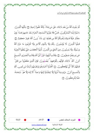  ‫א‬‫א‬‫א‬‫א‬


š⎥⎪Ï%©!$# $yγ•ƒr'≈tƒ ∩⊄∠∪ ÒΟ‹Ïm§‘ Ö‘θàxî ª!$#uρ 3 â™!$t±o„ ⎯tΒ 4’n?tã šÏ9≡sŒ Ï‰÷èt/ .⎯ÏΒ ª!$# Ü>θçGtƒ ¢ΟèO
÷βÎ)uρ 4 #x‹≈yδ öΝÎγÏΒ$tã y‰÷èt/ tΠ#tysø9$# y‰Éfó¡yϑø9$# (#θç/tø)tƒ Ÿξsù Ó§pgwΥ šχθä.Îô³ßϑø9$# $yϑ¯ΡÎ) (#þθãΖtΒ#u™
∩⊄∇∪ ÒΟŠÅ6ym íΟŠÎ=tæ ©!$# χÎ) 4 u™!$x© βÎ) ÿ⎯Ï&Î#ôÒsù ⎯ÏΒ ª!$# ãΝä3‹ÏΖøóãƒ t∃öθ|¡sù 's#øŠtã óΟçFøÅz
ª!$# tΠ§ym $tΒ tβθãΒÌhptä† Ÿωuρ ÌÅzFψ$# ÏΘöθu‹ø9$$Î/ Ÿωuρ «!$$Î/ šχθãΖÏΒ÷σãƒ Ÿω š⎥⎪Ï%©!$# (#θè=ÏG≈s%
sπtƒ÷“Éfø9$# (#θäÜ÷èãƒ 4©®Lym |=≈tFÅ6ø9$# (#θè?ρé& š⎥⎪Ï%©!$# z⎯ÏΒ Èd,ysø9$# t⎦⎪ÏŠ šχθãΨƒÏ‰tƒ Ÿωuρ …ã&è!θß™u‘uρ
ßxŠÅ¡yϑø9$# “t≈|Á¨Ψ9$# ÏMs9$s%uρ «!$# ß⎦ø⌠$# ç÷ƒt“ãã ßŠθßγu‹ø9$# ÏMs9$s%uρ ∩⊄®∪ šχρãÉó≈|¹ öΝèδuρ 7‰tƒ ⎯tã
4 ã≅ö6s% ⎯ÏΒ (#ρãxŸ2 t⎦⎪Ï%©!$# tΑöθs% šχθçγ≈ŸÒãƒ ( óΟÎγÏδ≡uθøùr'Î/ Οßγä9öθs% šÏ9≡sŒ ( «!$# Ú∅ö/$#
«!$# ÂχρßŠ ⎯ÏiΒ $/$t/ö‘r& öΝßγuΖ≈t6÷δâ‘uρ öΝèδu‘$t6ômr& (#ÿρä‹sƒªB$# ∩⊂⊃∪ šχθà6sù÷σãƒ 4’¯Τr& 4 ª!$# ÞΟßγn=tG≈s%
…çµoΨ≈ysö7ß™ 4 uθèδ ωÎ) tµ≈s9Î) Hω ( #Y‰Ïm≡uρ $Yγ≈s9Î) (#ÿρß‰ç6÷èu‹Ï9 ωÎ) (#ÿρãÏΒé& !$tΒuρ zΝtƒötΒ š∅ö/$# yx‹Å¡yϑø9$#uρ
∩⊂⊇∪ šχθà2Ìô±ç„ $£ϑtã

‫اﻹﻣﺎﻟﺔ‬

‫اﻹدﻏﺎم‬
www.islamweb.net

‫اﻟﺤﺮف اﻟﻤﺨﺎﻟﻒ ﻟﺤﻔﺺ‬
‫ﺍﻟﺸﺒﻜﺔ ﺍﻹﺴﻼﻤﻴﺔ‬

 