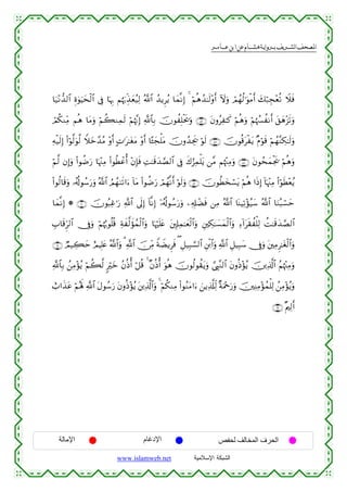  ‫א‬‫א‬‫א‬‫א‬


$u‹÷Ρ‘‰9$# Íο4θuŠysø9$# ’Îû $pκÍ5 Νåκu5Éj‹yèã‹Ï9 ª!$# ß‰ƒÌãƒ $yϑ¯ΡÎ) 4 öΝèδß‰≈s9÷ρr& Iωuρ óΟßγä9≡uθøΒr& y7ö7Éf÷èè? Ÿξsù
óΟä3ΖÏiΒ Νèδ $tΒuρ öΝà6ΖÏϑs9 öΝåκ¨ΞÎ) «!$$Î/ šχθàÎ=øts†uρ ∩∈∉∪ tβρãÏ≈x. öΝèδuρ öΝåκß¦àΡr& t,yδ÷“s?uρ
Ïµø‹s9Î) (#öθ©9uθ©9 Wξyz£‰ãΒ ÷ρr& BN≡t≈tótΒ ÷ρr& $·↔yfù=tΒ šχρß‰Ågs† öθs9 ∩∈∠∪ šχθè%tøtƒ ×Πöθs% öΝßγ¨ΖÅ3≈s9uρ
öΝ©9 βÎ)uρ (#θàÊu‘ $pκ÷]ÏΒ (#θäÜôãé& ÷βÎ*sù ÏM≈s%y‰¢Á9$# ’Îû x8â“Ïϑù=tƒ ⎯¨Β Νåκ÷]ÏΒuρ ∩∈∇∪ tβθßsyϑøgs† öΝèδuρ
(#θä9$s%uρ …ã&è!θß™u‘uρ ª!$# ÞΟßγ9s?#u™ !$tΒ (#θàÊu‘ óΟßγ¯Ρr& öθ9uρ ∩∈®∪ šχθäÜy‚ó¡tƒ öΝèδ #sŒÎ) !$pκ÷]ÏΒ (#öθsÜ÷èãƒ
s
$yϑ¯ΡÎ) * ∩∉⊃∪ šχθç6Ïî≡u‘ «!$# ’n<Î) !$¯ΡÎ) ÿ…ã&è!θß™u‘uρ ⎯Ï&Î#ôÒsù ⎯ÏΒ ª!$# $oΨŠÏ?÷σã‹y™ ª!$# $uΖç6ó¡ym
É>$s%Ìh9$# †Îûuρ öΝåκæ5θè=è% Ïπx©9xσßϑø9$#uρ $pκön=tæ t⎦,Î#Ïϑ≈yèø9$#uρ È⎦⎫Å3≈|¡yϑø9$#uρ Ï™!#ts)àù=Ï9 àM≈s%y‰¢Á9$#
∩∉⊇∪ ÒΟ‹Å6ym íΟŠÎ=tæ ª!$#uρ 3 «!$# š∅ÏiΒ ZπŸÒƒÌsù ( È≅‹Î6¡¡9$# È⎦ø⌠#uρ «!$# È≅‹Î6y™ †Îûuρ t⎦⎫ÏΒÌ≈tóø9$#uρ
$
«!$$/ ß⎯ÏΒ÷σãƒ öΝà6©9 9öyz ãβèŒé& ö≅è% 4 ×βèŒé& uθèδ šχθä9θà)tƒuρ ¢©É<¨Ζ9$# tβρèŒ÷σãƒ š⎥⎪Ï%©!$# ãΝåκ÷]ÏΒuρ
Î
ë>#x‹tã öΝçλm; «!$# tΑθß™u‘ tβρèŒ÷σãƒ t⎦⎪Ï%©!$#uρ 4 öΝä3ΖÏΒ (#θãΖtΒ#u™ z⎯ƒÏ%©#Ïj9 ×πuΗ÷qu‘uρ š⎥⎫ÏΨÏΒ÷σßϑù=Ï9 ß⎯ÏΒ÷σãƒuρ
∩∉⊄∪ ×Λ⎧Ï9r&

‫اﻹﻣﺎﻟﺔ‬

‫اﻹدﻏﺎم‬
www.islamweb.net

‫اﻟﺤﺮف اﻟﻤﺨﺎﻟﻒ ﻟﺤﻔﺺ‬
‫ﺍﻟﺸﺒﻜﺔ ﺍﻹﺴﻼﻤﻴﺔ‬

 