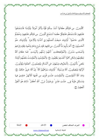  ‫א‬‫א‬‫א‬‫א‬


(#θãètFôϑtGó™$$sù #Y‰≈s9÷ρr&uρ Zω≡uθøΒr& tsWø.r&uρ Zο§θè% öΝä3ΖÏΒ £‰x©r& (#þθçΡ%Ÿ2 ôΜä3Î=ö6s% ⎯ÏΒ š⎥⎪Ï%©!$%x.
÷Λä⎢ôÒäzuρ óΟÎγÉ)≈n=sƒ¿2 Νä3Î=ö6s% ⎯ÏΒ š⎥⎪Ï%©!$# yìtFôϑtFó™$# $yϑŸ2 ö/ä3É)≈n=sƒ¿2 Λä⎢÷ètGôϑtGó™$$sù óΟÎγÉ)≈n=sƒ¿2
ãΝèδ šÍ×≈s9'ρé&uρ ( ÍοtÅzFψ$#uρ $u‹÷Ρ‘‰9$# ’Îû öΝßγè=≈yϑôãr& ôMsÜÎ7ym y7Í×≈s9'ρé& 4 (#þθàÊ$yz “É‹©9$%x.
tΛ⎧Ïδ≡tö/Î) ÏΘöθs%uρ yŠθßϑrOuρ 7Š$tãuρ 8yθçΡ ÏΘöθs% óΟÎγÎ=ö6s% ⎯ÏΒ š⎥⎪Ï%©!$# é't6tΡ öΝÍκÌEù'tƒ óΟs9r& ∩∠⊃∪ tβρçÅ£≈y‚ø9$#
ª!$# tβ%Ÿ2 $yϑsù ( ÏM≈uΖÉit7ø9$$Î/ Νßγè=ß™â‘ öΝßγ÷Gs?r& 4 ÏM≈x6Ïs?÷σßϑø9$#uρ š⎥t⎪ô‰tΒ É=≈ysô¹r&uρ
â™!$uŠÏ9÷ρr& öΝßγàÒ÷èt/ àM≈oΨÏΒ÷σßϑø9$#uρ tβθãΖÏΒ÷σßϑø9$#uρ ∩∠⊇∪ tβθãΚÎ=ôàtƒ öΝåκ|¦àΡr& (#þθçΡ%x. ⎯Å3≈s9uρ öΝßγyϑÎ=ôàu‹Ï9
šχθè?÷σãƒuρ nο4θn=¢Á9$# šχθßϑŠÉ)ãƒuρ Ìs3Ζßϑø9$# Ç⎯tã tβöθyγ÷Ζtƒuρ Å∃ρã÷èyϑø9$$Î/ šχρâß∆ù'tƒ 4 <Ù÷èt/
∩∠⊄∪ ÒΟŠÅ3ym î“ƒÍ•tã ©!$# ¨βÎ) 3 ª!$# ãΝßγçΗxq÷zy™ y7Í×≈s9'ρé& 4 ÿ…ã&s!θß™u‘uρ ©!$# šχθãèŠÏÜãƒuρ nο4θx.¨“9$#
$pκÏù t⎦⎪Ï$Î#≈yz ã≈yγ÷ΡF{$# $yγÏGøtrB ⎯ÏΒ “ÌøgrB ;M≈¨Ζy_ ÏM≈oΨÏΒ÷σßϑø9$#uρ š⎥⎫ÏΖÏΒ÷σßϑø9$# ª!$# y‰tãuρ
ã—öθxø9$# uθèδ y7Ï9≡sŒ 4 çt9ò2r& «!$# š∅ÏiΒ ×β≡uθôÊÍ‘uρ 4 5βô‰tã ÏM≈¨Ζy_ †Îû Zπ6ÍhŠsÛ z⎯Å3≈|¡tΒuρ
t
∩∠⊂∪ ÞΟŠÏàyèø9$#

‫اﻹﻣﺎﻟﺔ‬

‫اﻹدﻏﺎم‬
www.islamweb.net

‫اﻟﺤﺮف اﻟﻤﺨﺎﻟﻒ ﻟﺤﻔﺺ‬
‫ﺍﻟﺸﺒﻜﺔ ﺍﻹﺴﻼﻤﻴﺔ‬

 