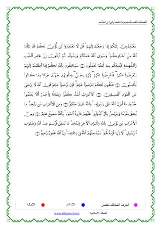  ‫א‬‫א‬‫א‬‫א‬


$tΡr'¬6tΡ ô‰s% öΝà6s9 š∅ÏΒ÷σœΡ ⎯s9 (#ρâ‘É‹tG÷ès? ω ≅è% 4 öΝÍκös9Î) óΟçF÷èy_u‘ #sŒÎ) öΝä3ö‹s9Î) šχρâ‘É‹tF÷ètƒ
É=ø‹tóø9$# ÉΟÎ=≈tã 4’n<Î) šχρ–Štè? §ΝèO …ã&è!θß™u‘uρ öΝä3n=yϑtã ª!$# “uzy™uρ 4 öΝà2Í‘$t6÷zr& ô⎯ÏΒ ª!$#
öΝÍκös9Î) óΟçFö6n=s)Ρ$# #sŒÎ) öΝà6s9 «!$$Î/ tβθàÎ=ósu‹y™ ∩®∈∪ tβθè=yϑ÷ès? óΟçFΖä. $yϑÎ/ Νä3ã∞Îm7t⊥ã‹sù Íοy‰≈yγ¤±9$#uρ
(#θçΡ$Ÿ2 $yϑÎ/ L™!#t“y_ ÞΟ¨Ψyγy_ óΟßγ1uρù'tΒuρ ( Ó§ô_Í‘ öΝåκ¨ΞÎ) ( öΝåκ÷]tã (#θàÊÌôãr'sù ( öΝåκ÷]tã (#θàÊÌ÷èçFÏ9
4©yÌötƒ Ÿω ©!$#  χÎ*sù öΝåκ÷]tã (#öθ|Êös? βÎ*sù ( öΝåκ÷]tã (#öθ|Ê÷tIÏ9 öΝà6s9 tβθàÎ=øts† ∩®∉∪ šχθç7Å¡õ3tƒ
(#θßϑn=÷ètƒ ωr& â‘y‰ô_r&uρ $]%$xÏΡuρ #øà2 ‘‰x©r& Ü>#{ôãF{$# ∩®∠∪ š⎥⎫É)Å¡≈xø9$# ÏΘöθs)ø9$# Ç⎯tã
$tΒ ä‹Ï‚−Gtƒ ⎯tΒ É>#{ôãF{$# z⎯ÏΒuρ ∩®∇∪ ×Λ⎧Å3ym íΟŠÎ=tæ ª!$#uρ 3 ⎯Ï&Î!θß™u‘ 4’n?tã ª!$# tΑt“Ρr& !$tΒ yŠρß‰ãn
š∅ÏΒuρ ∩®®∪ ÒΟŠÎ=tæ ìì‹Ïϑy™ ª!$#uρ 3 Ï™öθ¡¡9$# äοtÍ←!#yŠ óΟÎγŠn=tæ 4 tÍ←!#uρ¤$!$# â/ä3Î/ ßÈ−/utItƒuρ $YΒtøótΒ ß,ÏΖãƒ
ø
ÏN≡uθ=|¹uρ «!$# y‰ΨÏã BM≈t/ãè% ß,ÏΖãƒ $tΒ ä‹Ï‚−Gtƒuρ ÌÅzFψ$# ÏΘöθu‹ø9$#uρ «!$$Î/ Ú∅ÏΒ÷σãƒ ⎯tΒ É>#tôãF{$#
n
∩⊇⊃⊃∪ ×Λ⎧Ïm§‘ Ö‘θàxî ©!$# ¨βÎ) 3 ÿ⎯ÏµÏFuΗ÷qu‘ ’Îû ª!$# ÞΟßγè=Åzô‰ã‹y™ 4 öΝçλ°; ×πt/öè% $pκ¨ΞÎ) Iωr& 4 ÉΑθß™§9$#

‫اﻹﻣﺎﻟﺔ‬

‫اﻹدﻏﺎم‬
www.islamweb.net

‫اﻟﺤﺮف اﻟﻤﺨﺎﻟﻒ ﻟﺤﻔﺺ‬
‫ﺍﻟﺸﺒﻜﺔ ﺍﻹﺴﻼﻤﻴﺔ‬

 