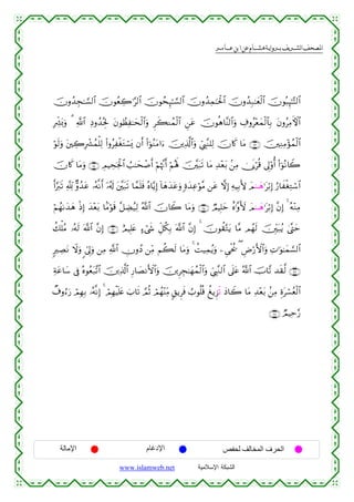  ‫א‬‫א‬‫א‬‫א‬


šχρß‰Éf≈¡¡9$# šχθãèÅ2≡§9$# šχθßsÍ×≈¡¡9$# šχρß‰Ïϑ≈ptø:$# šχρß‰Î7≈yèø9$# šχθç6Í≥≈−F9$#
ÎÅe³o0uρ 3 «!$# ÏŠρß‰çtÎ: tβθÝàÏ≈ysø9$#uρ Ìx6Ψßϑø9$# Ç⎯tã šχθèδ$¨Ψ9$#uρ Å∃ρã÷èyϑø9$$Î/ tβρãÏΒFψ$#
öθs9uρ t⎦⎫Å2Îô³ßϑù=Ï9 (#ρãÏøótGó¡o„ βr& (#þθãΖtΒ#u™ š⎥⎪Ï%©!$#uρ Äc©É<¨Ζ=Ï9 šχ%x. $tΒ ∩⊇⊇⊂∪ š⎥⎫ÏΖÏΒ÷σßϑø9$#
šχ%x. $tΒuρ ∩⊇⊇⊆∪ ÉΟŠÅspgø:$# Ü=≈ysô¹r& öΝåκ¨Ξr& öΝçλm; š⎥¨⎫t7s? $tΒ Ï‰÷èt/ .⎯ÏΒ 2†n1öè% ’Í<'ρé& (#þθçΡ%Ÿ2
r&§y9s? °! Aρß‰tã …çµ¯Ρr& ÿ…ã&s! t⎦¨⎫t7? $£ϑn=sù çν$−ƒÎ) !$yδy‰tãuρ ;οy‰Ïãöθ¨Β ⎯tã ωÎ) ÏµŠÎ/L{ yΟ8⊗yδ≡tö/Î) â‘$xøóÏGó™$#
s
öΝßγ1y‰yδ øŒÎ) y‰÷èt/ $JΒöθs% ¨≅ÅÒã‹Ï9 ª!$# šχ%Ÿ2 $tΒuρ ∩⊇⊇∈∪ ÒΟŠÎ=ym îν≡¨ρV{ yΟ8⊗yδ≡tö/Î) ¨βÎ) 4 çµ÷ΖÏΒ
à7ù=ãΒ …çµs9 ©!$# ¨βÎ) ∩⊇⊇∉∪ íΟŠÎ=tæ >™ó©x« Èe≅ä3Î/ ©!$# ¨βÎ) 4 šχθà)−Gtƒ $¨Β Οßγ9 š⎥Îi⎫t7ãƒ 4©®Lym
s
9ÅÁtΡ Ÿωρ <c’Í<uρ ⎯ÏΒ «!$# ÂχρßŠ ⎯ÏiΒ Νà6s9 $tΒuρ 4 àM‹Ïϑãƒuρ ⎯Ç‘øtä† ( ÇÚö‘F{$#uρ ÏN≡uθ≈yϑ¡¡9$#
u
Ïπtã$y™ ’Îû çνθãèt7¨?$# š⎥⎪Ï%©!$# Í‘$|ÁΡF{$#uρ š⎥⎪ÌÉf≈yγßϑø9$#uρ Äc©É<¨Ζ9$# ’n?tã ª!$# šU$¨? ‰s)©9 ∩⊇⊇∠∪
Ô∃ρâ™u‘ óΟÎγÎ/ …çµ¯ΡÎ) 4 óΟÎγøŠn=tæ z>$s? ¢ΟèO óΟßγ÷ΨÏiΒ 9,ƒÌsù Ü>θè=è% àƒÌ“s? yŠ$Ÿ2 $tΒ Ï‰÷èt/ .⎯ÏΒ Íοtó¡ãèø9$#
∩⊇⊇∇∪ ÒΟŠÏm§‘

‫اﻹﻣﺎﻟﺔ‬

‫اﻹدﻏﺎم‬
www.islamweb.net

‫اﻟﺤﺮف اﻟﻤﺨﺎﻟﻒ ﻟﺤﻔﺺ‬
‫ﺍﻟﺸﺒﻜﺔ ﺍﻹﺴﻼﻤﻴﺔ‬

 