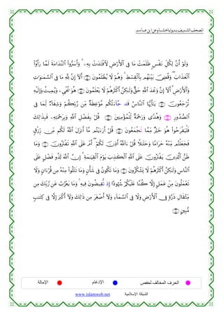  ‫א‬‫א‬‫א‬‫א‬


(#ãρr&u‘ $£ϑs9 sπtΒ#y‰¨Ψ9$# (#ρ•| r&uρ 3 ⎯ÏµÎ/ ôNy‰tFøù]ω ÇÚö‘F{$# ’Îû $tΒ ôMyϑn=sß <§øtΡ Èe≅ä3Ï9 ¨βr& öθs9uρ
ÏN≡uθ≈yϑ¡¡9$# ’Îû $tΒ ¬! ¨βÎ) Iωr& ∩∈⊆∪ tβθßϑn=ôàãƒ Ÿω öΝèδuρ 4 ÅÝó¡É)ø9$$Î/ ΟßγoΨ÷t/ š†ÅÓè%uρ ( z>#x‹yèø9$#
ÏµøŠs9Î)uρ àM‹Ïϑãƒuρ ⎯Ç‘øtä† uθèδ ∩∈∈∪ tβθßϑn=ôètƒ Ÿω öΝèδusYø.r& £⎯Å3≈s9uρ A,ym «!$# y‰ôãuρ ¨βÎ) Iωr& 3 ÇÚö‘F{$#uρ
’Îû $yϑÏj9 Ö™!$xÏ©uρ öΝà6În/§‘ ⎯ÏiΒ ×πsàÏãöθ¨Β Νä3ø?u™!$¨_ ‰s% â¨$¨Ζ9$# $pκš‰r'≈tƒ ∩∈∉∪ šχθãèy_öè?
y7Ï9≡x‹Î7sù ⎯ÏµÏFuΗ÷qtÎ/uρ «!$# È≅ôÒxÎ/ ö≅è% ∩∈∇∪ t⎦⎫ÏΨÏΒ÷σßϑù=Ïj9 ×πuΗ÷qu‘uρ “Y‰èδuρ ∩∈∠∪ Í‘ρß‰Á9$#
5−ø—Íh‘ ∅ÏiΒ Νä3s9 ª!$# tΑt“Ρr& !$¨Β ΟçF÷ƒu™u‘r& ö≅è% ∩∈®∪ tβθãèyϑøfs? $£ϑÏiΒ ×öyz uθèδ (#θãmtøu‹ù=sù
$tΒuρ ∩∉⊃∪ šχρçtIøs? «!$# ’n?tã ôΘr& ( öΝä3s9 šχÏŒr& ª!!#u™ ö≅è% Wξ≈n=ymuρ $YΒ#tym çµ÷ΖÏiΒ ΟçFù=yèyfsù
’n?tã @≅ôÒsù ρä%s! ©!$# χÎ) 3 Ïπyϑ≈uŠÉ)ø9$# tΠöθtƒ z>É‹x6ø9$# «!$# ’n?tã šχρçtIøtƒ š⎥⎪Ï%©!$# ⎯sß

Ÿωuρ 5β#u™öè% ⎯ÏΒ çµ÷ΖÏΒ (#θè=÷Gs? $tΒuρ 5βù'x© ’Îû ãβθä3s? $tΒuρ ∩∉⊇∪ tβρãä3ô±o„ Ÿω öΝèδusYø.r& £⎯Å3≈s9uρ Ä¨$¨Ψ9$#
⎯ÏΒ y7Îi/¢‘ ⎯tã Ü>â“÷ètƒ $tΒuρ 4 Ïµ‹Ïù tβθàÒ‹Ïœ? ŒÎ) #·Šθåκà− ö/ä3ø‹n=tæ $¨Ζà2 ωÎ) @≅yϑtã ⎯ÏΒ tβθè=yϑ÷ès?
ô
5=≈tGÏ. ’Îû ωÎ) uy9ø.r& Iωuρ y7Ï9≡sŒ ⎯ÏΒ ttóô¹r& Iωuρ Ï™!$yϑ¡¡9$# ’Îû Ÿωuρ ÇÚö‘F{$# †Îû ;ο§‘sŒ ÉΑ$s)÷WÏiΒ
∩∉⊄∪ A⎦⎫Î7•Β

‫اﻹﻣﺎﻟﺔ‬

‫اﻹدﻏﺎم‬
www.islamweb.net

‫اﻟﺤﺮف اﻟﻤﺨﺎﻟﻒ ﻟﺤﻔﺺ‬
‫ﺍﻟﺸﺒﻜﺔ ﺍﻹﺴﻼﻤﻴﺔ‬

 