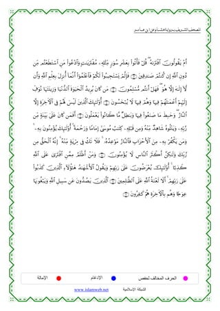  ‫א‬‫א‬‫א‬‫א‬


⎯ÏiΒ ΟçF÷èsÜtGó™$# Ç⎯tΒ (#θãã÷Š$#uρ ;M≈tƒutIøãΒ ⎯Ï&Î#÷VÏiΒ 9‘uθß™ Îô³yèÎ/ (#θè?ù'sù ö≅è% ( çµ1utIøù$# šχθä9θà)tƒ ÷Πr&
βr&uρ «!$# ÄΝù=ÏèÎ/ tΑÌ“Ρé& !$yϑ¯Ρr& (#þθßϑn=÷æ$$sù öΝä3s9 (#θç7ŠÉftFó¡o„ óΟ©9Î*sù ∩⊇⊂∪ t⎦⎫Ï%Ï‰≈|¹ óΟçFΖä. βÎ) «!$# ÈβρßŠ
Åe∃uθçΡ $uηtFt⊥ƒÎ—uρ $u‹÷Ρ‘‰9$# nο4θuŠysø9$# ß‰ƒÌãƒ tβ%x. ⎯tΒ ∩⊇⊆∪ šχθßϑÎ=ó¡•Β ΟçFΡr& ö≅yγsù ( uθèδ ωÎ) tµ≈s9Î) Hω
ωÎ) ÍοtÅzFψ$# ’Îû öΝçλm; }§øŠs9 t⎦⎪Ï%©!$# y7Í×≈s9'ρé& ∩⊇∈∪ tβθÝ¡y‚ö7ãƒ Ÿω $pκÏù óΟèδuρ $pκÏù öΝßγn=≈yϑôãr& öΝÍκös9Î)
⎯ÏiΒ 7πoΨÉit/ 4’n?tã tβ%x. ⎯yϑsùr& ∩⊇∉∪ tβθè=yϑ÷ètƒ (#θçΡ$Ÿ2 $¨Β ×≅ÏÜ≈t/uρ $pκÏù (#θãèuΖ|¹ $tΒ xÝÎ7ymuρ ( â‘$¨Ψ9$#
4 ⎯ÏµÎ/ tβθãΖÏΒ÷σãƒ y7Í×≈s9'ρé& 4 ºπyϑômu‘uρ $YΒ$tΒÎ) #©y›θãΒ Ü=≈tF. ⎯Ï&Î#ö7s% ⎯ÏΒuρ çµ÷ΨÏiΒ Ó‰Ïδ$x© çνθè=÷Gtƒuρ ⎯ÏµÎn/§‘
Ï
⎯ÏΒ ‘,ysø9$# çµ¯Ρ) 4 çµ÷ΖÏiΒ 7πtƒóÉ∆ ’Îû à7s? Ÿξsù 4 …çνß‰ÏãöθtΒ â‘$¨Ψ9$$sù É>#t“ômF{$# z⎯ÏΒ ⎯ÏµÎ/ öàõ3tƒ ⎯tΒuρ
Î
«!$# ’n?tã 3“utIøù$# Ç⎯£ϑÏΒ ÞΟn=øßr& ô⎯tΒuρ ∩⊇∠∪ šχθãΨÏΒ÷σãƒ Ÿω Ä¨$¨Ψ9$# usYò2r& £⎯Å3≈s9uρ y7Îi/¢‘
(#θç/x‹x. š⎥⎪Ï%©!$# Ï™Iωàσ≈yδ ß‰≈yγô©F{$# ãΑθà)tƒuρ öΝÎγÎn/u‘ 4’n?tã šχθàÊt÷èãƒ šÍ×≈s9'ρé& 4 $¹/É‹Ÿ2
$pκtΞθäóö7tƒuρ «!$# È≅‹Î6y™ ⎯tã tβρ‘‰ÝÁtƒ š⎥⎪Ï%©!$# ∩⊇∇∪ t⎦⎫ÏϑÎ=≈©à9$# ’n?tã «!$# èπuΖ÷ès9 Ÿωr& 4 óΟÎγÎn/u‘ 4’n?tã
∩⊇®∪ tβρãÏ≈x. öΛèε ÍοtÅzFψ$$Î/ Νèδuρ %[`uθÏã

‫اﻹﻣﺎﻟﺔ‬

‫اﻹدﻏﺎم‬
www.islamweb.net

‫اﻟﺤﺮف اﻟﻤﺨﺎﻟﻒ ﻟﺤﻔﺺ‬
‫ﺍﻟﺸﺒﻜﺔ ﺍﻹﺴﻼﻤﻴﺔ‬

 