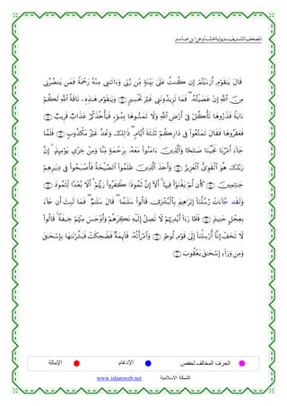  ‫א‬‫א‬‫א‬‫א‬


’ÎΤãÝÁΖtƒ ⎯yϑsù ZπtΗôqy‘ çµ÷ΖÏΒ ©Í_8s?#u™uρ ’În1§‘ ⎯ÏiΒ 7πoΨÉit/ 4’n?tã àMΖà2 βÎ) óΟçF÷ƒu™u‘r& ÉΘöθs)≈tƒ tΑ$s%
öΝà6s9 «!$# èπs%$tΡ ⎯ÍνÉ‹≈yδ ÏΘöθs)≈tƒuρ ∩∉⊄∪ 9Å¡øƒrB uöxî ©Í_tΡρß‰ƒÌ“s? $yϑsù ( …çµçFøŠ|Átã ÷βÎ) «!$# š∅ÏΒ
∩∉⊂∪ Ò=ƒÌs% Ò>#x‹tã ö/ä.x‹è{ù'u‹sù &™þθÝ¡Î0 $yδθ¡yϑs? Ÿωuρ «!$# ÇÚö‘r& þ’Îû ö≅à2ù's? $yδρâ‘x‹sù Zπtƒ#u™
$£ϑn=sù ∩∉⊆∪ 5>ρä‹õ3tΒ çöxî î‰ôãuρ šÏ9≡sŒ ( 5Θ$−ƒr& sπsW≈n=rO öΝà2Í‘#yŠ ’Îû (#θãè−Gyϑs? tΑ$s)sù $yδρãs)yèsù
¨βÎ) 3 >‹Í≥ÏΒöθtƒ Ä“÷“Åz ô⎯ÏΒuρ $¨ΨÏiΒ 7πyϑômtÎ/ …çµyètΒ (#θãΖtΒ#u™ š⎥⎪Ï%©!$#uρ $[sÎ=≈|¹ $uΖø‹¯gwΥ $tΡâö∆r& u™!$y_
öΝÏδÌ≈tƒÏŠ ’Îû (#θßst7ô¹r'sù èπysøŠ¢Á9$# (#θßϑn=sß š⎥⎪Ï%©!$# x‹s{r&uρ ∩∉∈∪ â“ƒÍ“yèø9$# ‘“Èθs)ø9$# uθèδ š−/u‘
∩∉∠∪ yŠθßϑsVÏj9 #Y‰÷èç/ Ÿωr& 3 öΝåκ®5u‘ (#ρãxŸ2 #YŠθßϑrO ¨βÎ) Iωr& 3 !$pκÏù (#öθuΖøótƒ öΝ©9 βr(x. ∩∉∉∪ š⎥⎫ÏϑÏW≈y_
u™!%y` βr& y]Î7s9 $yϑsù ( ÖΝ≈n=y™ tΑ$s% ( $Vϑ≈n=y™ (#θä9$s% 2”uô³ç6ø9$$Î/ tΛ⎧Ïδ≡tö/Î) !$uΖè=ß™â‘ ôNu™!%£_ ‰s)s9uρ
(#θä9$s% 4 Zπx‹Åz öΝåκ÷]ÏΒ }§y_÷ρr&uρ öΝèδtÅ6tΡ Ïµø‹s9Î) ã≅ÅÁs? Ÿω öΝåκu‰Ï‰÷ƒr& !#u™u‘ $¬Ηs>sù ∩∉∇∪ 7‹ŠÏΨym @≅ôfÏèÎ/
t,≈ysó™*Î/ $yγ≈tΡö¤±t6sù ôMs3ÅsŸÒsù ×πyϑÍ←!$s% …çµè?r&zö∆$#uρ ∩∉®∪ 7Þθä9 ÏΘöθs% 4’n<Î) !$uΖù=Å™ö‘é& !$¯ΡÎ) ô#y‚s? Ÿω
Î
∩∠⊃∪ z>θà)÷ètƒ t,≈ysó™Î) Ï™!#u‘uρ ⎯ÏΒuρ

‫اﻹﻣﺎﻟﺔ‬

‫اﻹدﻏﺎم‬
www.islamweb.net

‫اﻟﺤﺮف اﻟﻤﺨﺎﻟﻒ ﻟﺤﻔﺺ‬
‫ﺍﻟﺸﺒﻜﺔ ﺍﻹﺴﻼﻤﻴﺔ‬

 