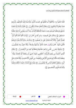  ‫א‬‫א‬‫א‬‫א‬


öΝÏδÌøΒr'Î/ Οßγ¨Ζt⁄Îm6t⊥çFs9 ÏµøŠs9Î) !$uΖøŠym÷ρr&uρ 4 Éb=ègø:$# ÏMt6≈uŠxî ’Îû çνθè=yèøgs† βr& (#þθãèuΗødr&uρ ⎯ÏµÎ/ (#θç7yδsŒ $£ϑn=sù
$oΨö7yδsŒ $¯ΡÎ) !$tΡ$t/r'≈tƒ (#θä9$s% ∩⊇∉∪ šχθä3ö7tƒ [™!$t±Ïã öΝèδ$t/r& ÿρâ™!%y`uρ ∩⊇∈∪ tβρáãèô±o„ Ÿω öΝèδuρ #x‹≈yδ
$¨Ζà2 öθs9uρ $uΖ©9 9⎯ÏΒ÷σßϑÎ/ |MΡr& !$tΒuρ ( Ü=øÏe%!$# ã&s#Ÿ2r'sù $oΨÏè≈tGtΒ y‰ΖÏã y#ß™θãƒ $uΖò2ts?uρ ß,Î7oKó¡nΣ
( #øΒr& öΝä3Ý¡àΡr& öΝä3s9 ôMs9§θ£™ ≅t/ tΑ$s% 4 5>É‹x. 5Θy‰Î/ ⎯ÏµÅÁŠÏϑs% 4’n?tã ρâ™!%y`uρ ∩⊇∠∪ t⎦⎫Ï%Ï‰≈|¹
öΝèδyŠÍ‘#uρ (#θè=y™ö‘r'sù ×οu‘$§‹y™ ôNu™!%y`uρ ∩⊇∇∪ tβθàÅÁs? $tΒ 4’n?tã ãβ$yètGó¡ßϑø9$# ª!$#uρ ( ×≅ŠÏΗsd ×ö9|Ásù
šχθè=yϑ÷ètƒ $yϑÎ/ 7ΟŠÎ=tæ ª!$#uρ 4 Zπyè≈ŸÒÎ/ çνρ•| r&uρ 4 ÖΝ≈n=äî #x‹≈yδ |“≡uô³ç6≈tƒ tΑ$s% ( …çνuθø9yŠ 4’n<÷Šr'sù
tΑ$s%uρ ∩⊄⊃∪ š⎥⎪Ï‰Ïδ≡¨“9$# z⎯ÏΒ ÏµŠÏù (#θçΡ%Ÿ2uρ ;οyŠρß‰÷ètΒ zΝÏδ≡u‘yŠ <§øƒr2 ¤∅yϑsVÎ/ çν÷ρuŸ°uρ ∩⊇®∪
4 #V$s!uρ …çνx‹Ï‚−GtΡ ÷ρr& !$oΨyèxΨtƒ βr& #©|¤tã çµ1uθ÷WtΒ ’ÍΓÌò2r& ÿ⎯ÏµÏ?r&tøΒeω uóÇÏiΒ ⎯ÏΒ çµ1utIô©$# “Ï%©!$#
#’n?tã ë=Ï9%yñ ª!$#uρ 4 Ï]ƒÏŠ$ymF{$# È≅ƒÍρù's? ⎯ÏΒ …çµyϑÏk=yèãΨÏ9uρ ÇÚö‘F{$# ’Îû y#ß™θã‹Ï9 $¨Ψ©3tΒ y7Ï9≡x‹Ÿ2uρ
&$Vϑù=Ïãuρ $Vϑõ3ãm çµ≈oΨ÷s?#u™ ÿ…çν£‰ä©r& xn=t/ $£ϑs9uρ ∩⊄⊇∪ šχθßϑn=ôètƒ Ÿω Ä¨$¨Ζ9$# usYò2r& £⎯Å3≈s9uρ ⎯ÍνÌøΒr&
∩⊄⊄∪ t⎦⎫ÏΖÅ¡ósßϑø9$# “Ì“øgwΥ y7Ï9≡x‹x.uρ

‫اﻹﻣﺎﻟﺔ‬

‫اﻹدﻏﺎم‬
www.islamweb.net

‫اﻟﺤﺮف اﻟﻤﺨﺎﻟﻒ ﻟﺤﻔﺺ‬
‫ﺍﻟﺸﺒﻜﺔ ﺍﻹﺴﻼﻤﻴﺔ‬

 