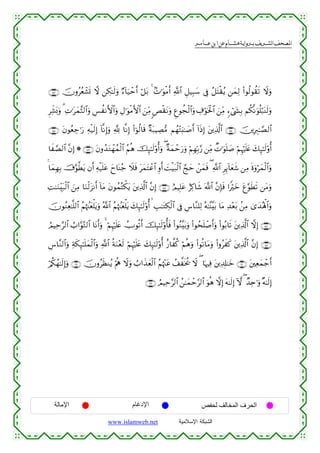  ‫א‬‫א‬‫א‬‫א‬


∩⊇∈⊂∪ šχρããèô±n@ ω ⎯Å3≈s9uρ Ö™!$u‹ômr& ö≅t/ 4 7N≡uθøΒr& «!$# È≅‹Î6y™ ’Îû ã≅tFø)ãƒ ⎯yϑÏ9 (#θä9θà)s? Ÿωuρ
ÌÏe±o0uρ 3 ÏN≡tyϑ¨W9$#uρ Ä§àΡF{$#uρ ÉΑ≡uθøΒF{$# z⎯ÏiΒ <Èø)Ρuρ Æíθàfø9$#uρ Å∃öθsƒø:$# z⎯ÏiΒ &™ó©y´Î/ Νä3¯Ρuθè=ö7oΨs9uρ
t
∩⊇∈∈∪ tβθãèÅ_≡u‘ Ïµø‹s9Î) !$¯ΡÎ)uρ ¬! $¯ΡÎ) (#þθä9$s% ×πt7ŠÅÁ•Β Νßγ÷Fu;≈|¹r& !#sŒÎ) t⎦⎪Ï%©!$# ∩⊇∈⊆∪ š⎥⎪ÎÉ9≈¢Á9$#
$x¢Á9$# ¨βÎ) * ∩⊇∈∉∪ tβρß‰tGôγßϑø9$# ãΝèδ šÍ×≈s9'ρé&uρ ( ×πyϑômu‘uρ öΝÎγÎn/§‘ ⎯ÏiΒ ÔN≡uθn=|¹ öΝÍκön=tæ y7Í×≈s9'ρé&
&$yϑÎγÎ/ š’§θ©Ütƒ βr& Ïµø‹n=tã yy$oΨã_ Ÿξsù tyϑtFôã$# Íρr& |MøŠt7ø9$# ¢kym ô⎯yϑsù ( «!$# ÌÍ←!$yèx© ⎯ÏΒ nοuρöyϑø9$#uρ
ÏM≈uΖÉit7ø9$# z⎯ÏΒ $uΖø9t“Ρr& !$tΒ tβθßϑçFõ3tƒ t⎦⎪Ï%©!$# ¨βÎ) ∩⊇∈∠∪ íΟŠÎ=tã íÏ.$x© ©!$# ¨βÎ*sù #Zöyz tí§θsÜs? ⎯tΒuρ
šχθãΖÏè≈¯=9$# ãΝåκß]yèù=tƒuρ ª!$# ãΝåκß]yèù=tƒ y7Í×≈s9'ρé&   É=≈tGÅ3ø9$# ’Îû Ä¨$¨Ζ=Ï9 çµ≈¨Ψ¨t/ $tΒ Ï‰÷èt/ .⎯ÏΒ 3“y‰çλù;$#uρ
ÞΟŠÏm§9$# Ü>#§θ−G9$# $tΡr&uρ 4 öΝÍκön=tæ ÛUθè?r& šÍ×≈s9'ρé'sù (#θãΖ¨t/uρ (#θßsn=ô¹r&uρ (#θç/$s? t⎦⎪Ï%©!$# ωÎ) ∩⊇∈∇∪
Ä¨$¨Ζ9$#uρ Ïπs3Í×≈n=yϑø9$#uρ «!$# èπuΖès9 öΝÍκön=tæ y7Í×≈s9'ρé& î‘$¤ä. öΝèδuρ (#θè?$tΒuρ (#ρãxx. t⎦⎪Ï%©!$# ¨βÎ) ∩⊇∈®∪
÷
ö/ä3ßγ≈s9Î)uρ ∩⊇∉⊇∪ šχρãsàΖãƒ öΛèε Ÿωuρ Ü>#x‹yèø9$# ãΝåκ÷]tã ß#¤sƒä† Ÿω ( $pκÏù t⎦⎪Ï$Î#≈yz ∩⊇∉⊃∪ t⎦⎫Ïèyϑô_r&
∩⊇∉⊄∪ ÞΟŠÏm§9$# ß⎯≈yϑôm§9$# uθèδ ωÎ) tµ≈s9Î) Hω ( Ó‰Ïn≡uρ ×µ≈s9Î)

‫اﻹﻣﺎﻟﺔ‬

‫اﻹدﻏﺎم‬
www.islamweb.net

‫اﻟﺤﺮف اﻟﻤﺨﺎﻟﻒ ﻟﺤﻔﺺ‬
‫ﺍﻟﺸﺒﻜﺔ ﺍﻹﺴﻼﻤﻴﺔ‬

 