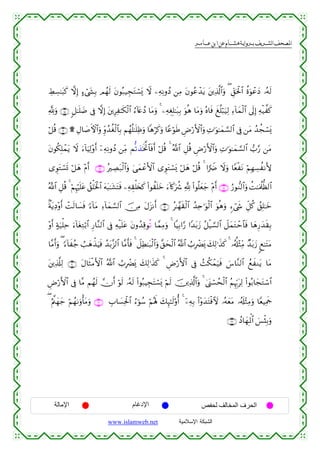  ‫א‬‫א‬‫א‬‫א‬


ÅÝÅ¡≈t6x. ωÎ) >™ó©y´Î/ Οßγs9 tβθç7‹ÉftGó¡o„ Ÿω ⎯ÏµÏΡρßŠ ⎯ÏΒ tβθããô‰tƒ t⎦⎪Ï%©!$#uρ ( Èd,ptø:$# äοuθôãyŠ …çµs9
¬!uρ ∩⊇∈∪ 9≅≈n=|Ê ’Îû ωÎ) t⎦⎪ÍÏ≈s3ø9$# â™!%tæßŠ $tΒuρ 4 ⎯ÏµÉóÎ=≈t7Î/ uθδ $tΒuρ çν$sù xè=ö6u‹Ï9 Ï™!$yϑø9$# ’n<Î) Ïµø‹¤x.
è
ö≅è% ∩⊇∉∪ ) ÉΑ$|¹ψ$#uρ Íiρß‰äóø9$$Î/ Νßγè=≈n=Ïßuρ $δöx.uρ $YãöθsÛ ÇÚö‘F{$#uρ ÏN≡uθ≈yϑ¡¡9$# ’Îû ⎯tΒ ß‰àfó¡o„
F
tβθä3Î=ôϑtƒ Ÿω u™!$uŠÏ9÷ρr& ÿ⎯ÏµÏΡρßŠ ⎯ÏiΒ Μœ?‹sƒªB$$sùr& ö≅è% 4 ª!$# È≅è% ÇÚö‘F{$#uρ ÏN≡uθ≈yϑ¡¡9$# >§‘ ⎯tΒ
“ÈθtGó¡n@ ö≅yδ ÷Πr& ∩⊇∠∪ çÅÁt7ø9$#uρ 4‘yϑôãF{$# “ÈθtGó¡o„ ö≅yδ ö≅è% 4 #uŸÑ Ÿωuρ $YèøtΡ öΝÎγÅ¡àΡL{
ª!$# È≅è% 4 öΝÍκön=tã ß,=sƒø:$# tµt6≈t±tFsù ⎯ÏµÉ)ù=y⇐x. (#θà)n=yz u™!%x.uà° ¬! (#θè=yèy_ ÷Πr& ∩⊇∇∪ â‘θ‘Ζ9$#uρ àM≈uΗä>—à9$#
ù
8πtƒÏŠ÷ρr& ôMs9$|¡sù [™!$tΒ Ï™!$yϑ¡¡9$# š∅ÏΒ tΑt“Ρr& ∩⊇®∪ ã≈£γs)ø9$# ß‰Ïn≡uθø9$# uθèδuρ &™ó©x« Èe≅ä. ß,Î=≈yz
÷ρr& >πu‹ù=Ïm u™!$tóÏGö/$# Í‘$¨Ζ9$# ’Îû Ïµø‹n=tã tβρß‰Ï%θè? $£ϑÏΒuρ 4 $ŠÎ/#§‘ #Y‰t/y— ã≅ø‹¡¡9$# Ÿ≅yϑtGôm$sù $yδÍ‘y‰s)Î/
$
$¨Βr&uρ ( [™!$xã_ Ü=yδõ‹uŠsù ß‰t/¨“9$# $¨Βr'sù 4 Ÿ≅ÏÜ≈t7ø9$#uρ ¨,ysø9$# ª!$# Ü>ÎôØo„ y7Ï9≡x‹x. 4 …ã&é#÷WÏiΒ Ó‰t/y— 8ì≈tFtΒ
t⎦⎪Ï%©#Ï9 ∩⊄⊃∪ tΑ$sWøΒF{$# ª!$# Ü>ÎôØo„ y7Ï9≡x‹x. 4 ÇÚö‘F{$# ’Îû ß]ä3ôϑu‹sù }¨$¨Ζ9$# ßìxΖtƒ $tΒ
ÇÚö‘F{$# ’Îû $¨Β Νßγs9 χr& öθs9 …çµs9 (#θç7ŠÉftFó¡o„ öΝs9 š⎥⎪Ï%©!$#uρ 4 4©o_ó¡ßsø9$# ãΝÍκÍh5tÏ9 (#θç/$yftGó™$#
( æΛ©⎝yγy_ öΝßγ1uρù'tΒuρ ∩⊄⊇∪ É>$|¡Ïtø:$# â™þθß™ öΝçλm; y7Í×≈s9'ρé& 4 ÿ⎯ÏµÎ/ (#÷ρy‰tFøù]ω …çµyètΒ …ã&s#÷WÏΒuρ $YèŠÏΗsd
∩⊄⊄∪ ßŠ$yγÎRùQ$# }§ø♥Î/uρ

‫اﻹﻣﺎﻟﺔ‬

‫اﻹدﻏﺎم‬
www.islamweb.net

‫اﻟﺤﺮف اﻟﻤﺨﺎﻟﻒ ﻟﺤﻔﺺ‬
‫ﺍﻟﺸﺒﻜﺔ ﺍﻹﺴﻼﻤﻴﺔ‬

 